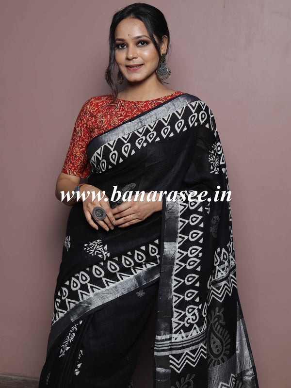 Linen Cotton Bagru Hand-Block Printed Saree-Black