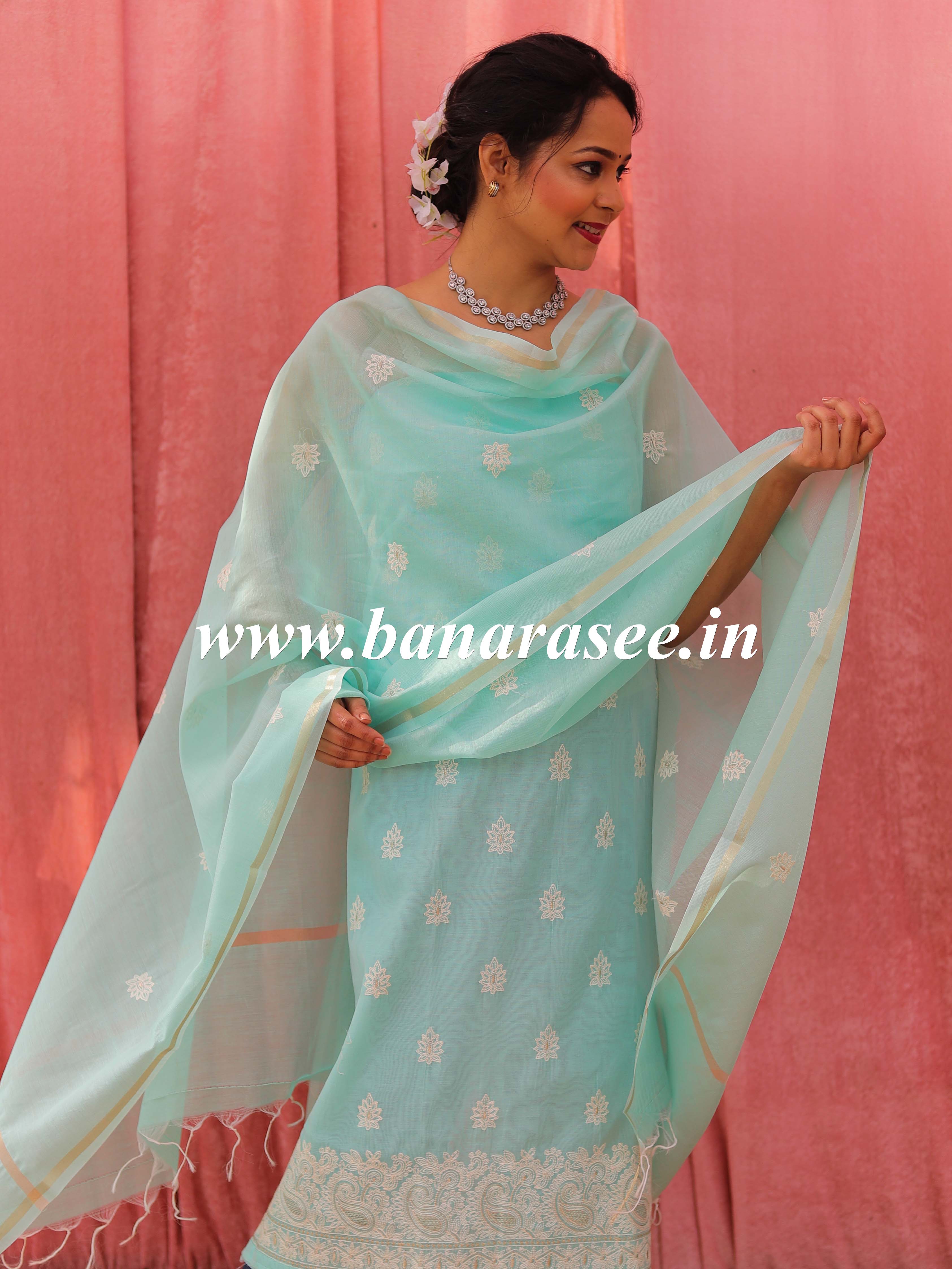 Banarasee Handloom Chanderi Silk Salwar Kameez Fabric With Chikankari Embroidery-Sea Green