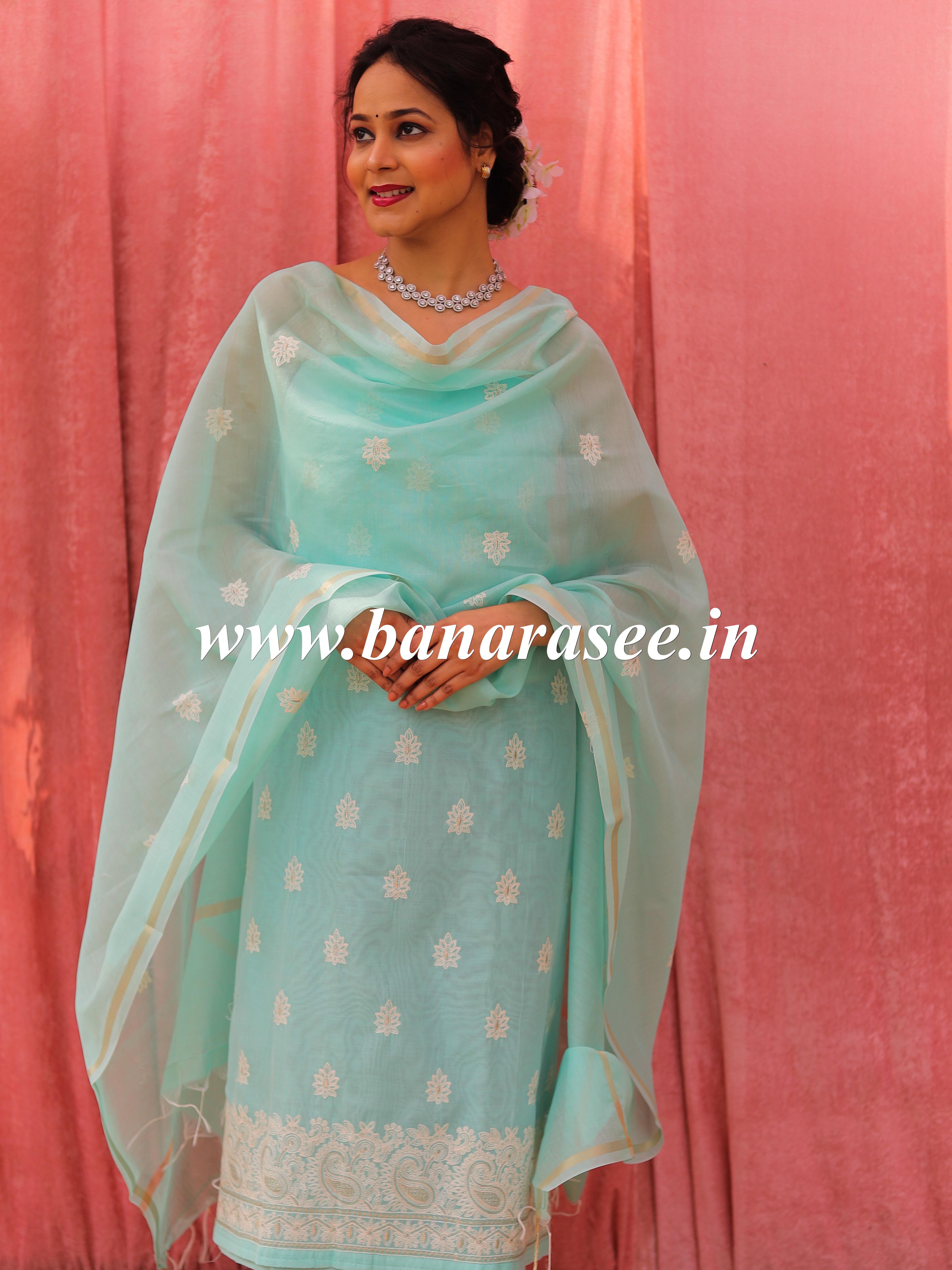 Banarasee Handloom Chanderi Silk Salwar Kameez Fabric With Chikankari Embroidery-Sea Green