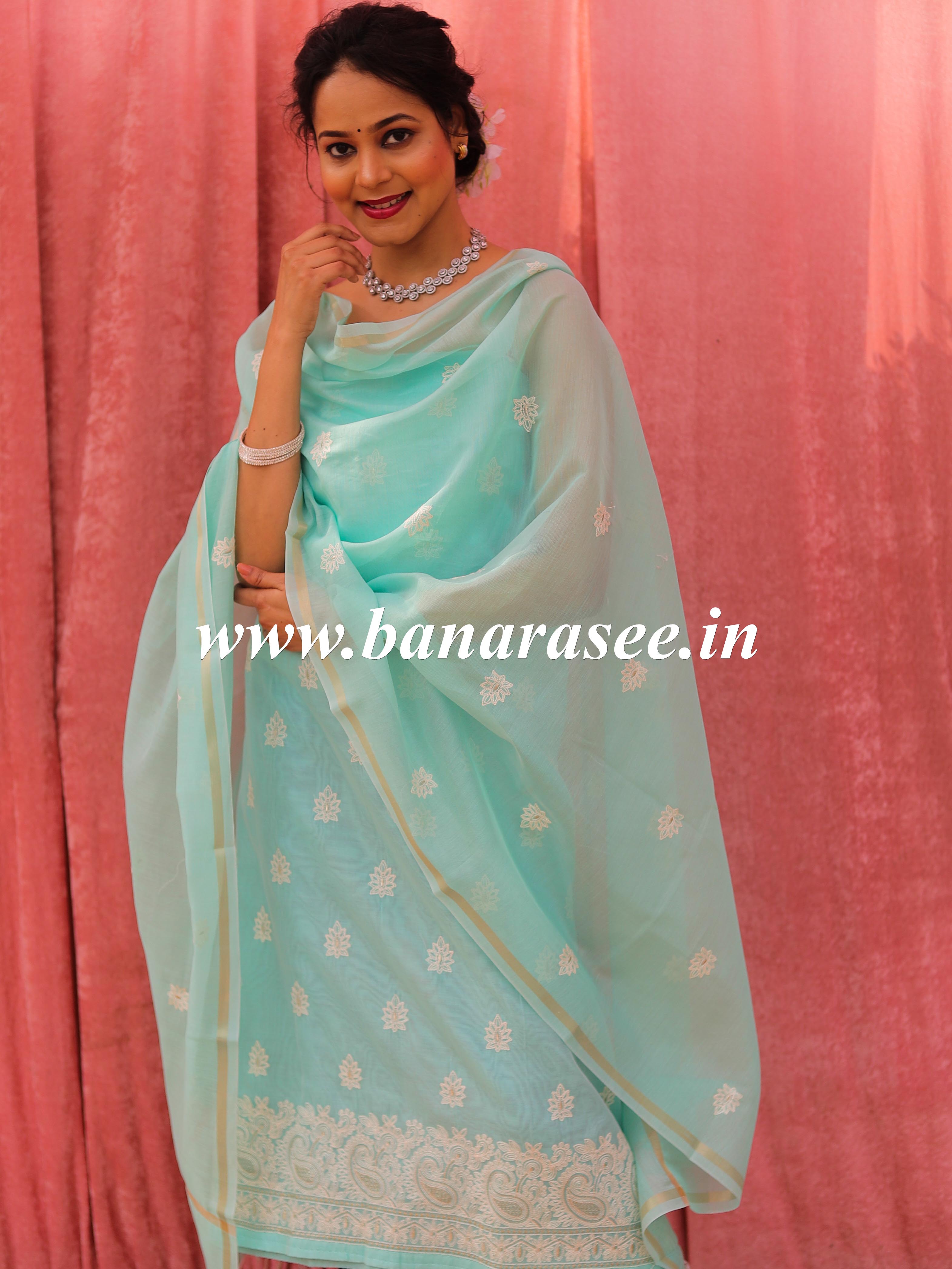 Banarasee Handloom Chanderi Silk Salwar Kameez Fabric With Chikankari Embroidery-Sea Green