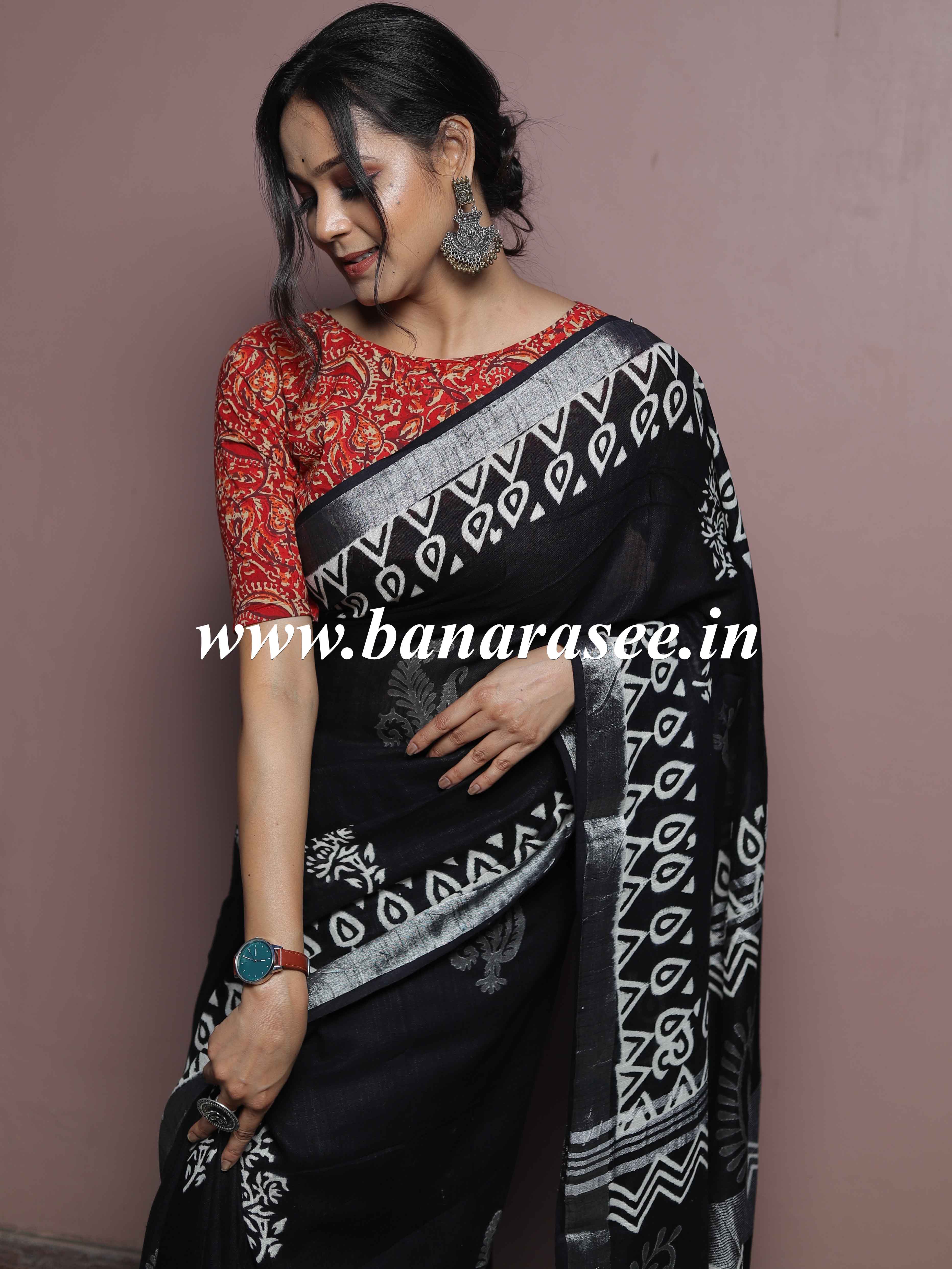 Linen Cotton Bagru Hand-Block Printed Saree-Black