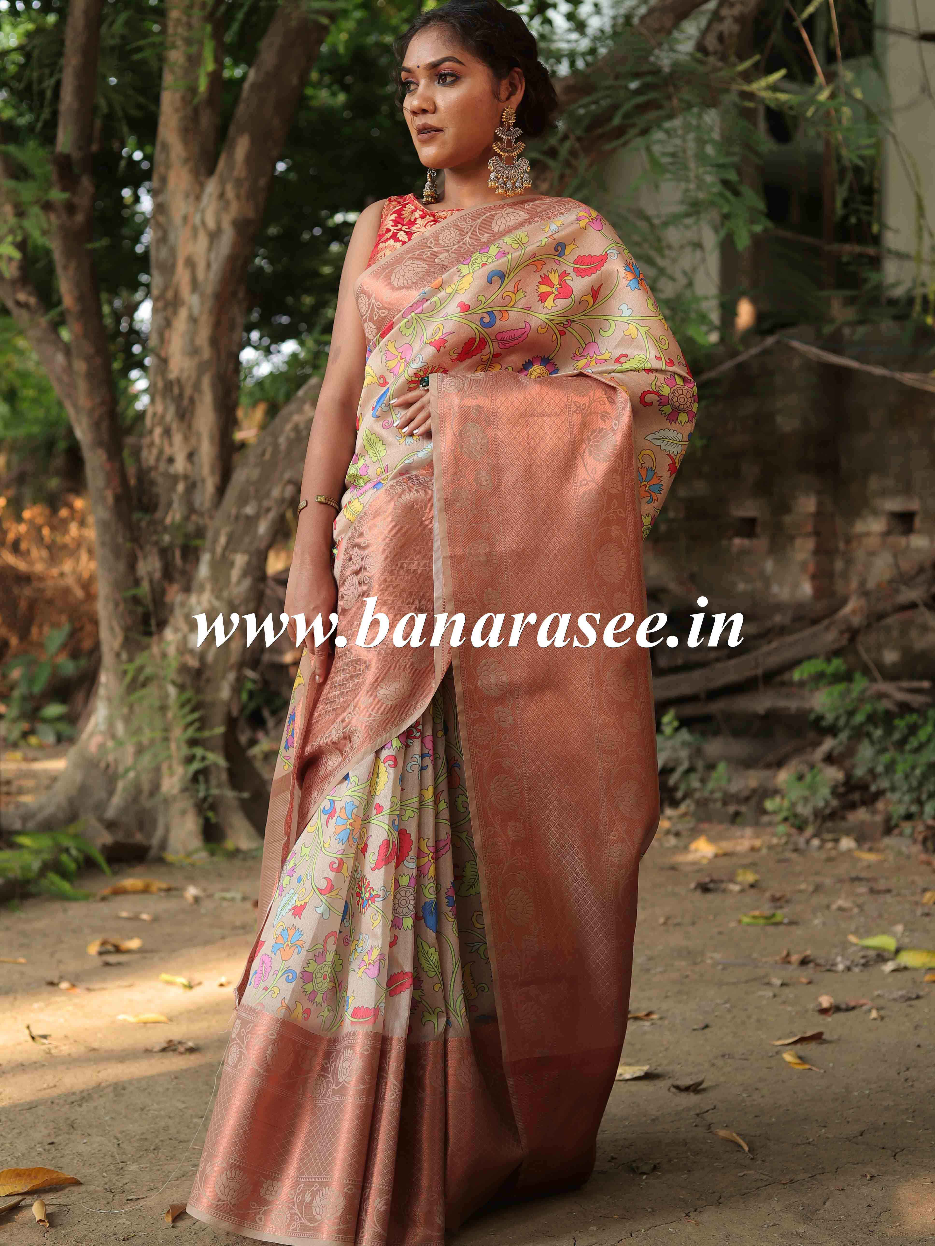 Banarasee Handwoven Semi Silk Saree With Digital Print & Broad Zari Border-Beige