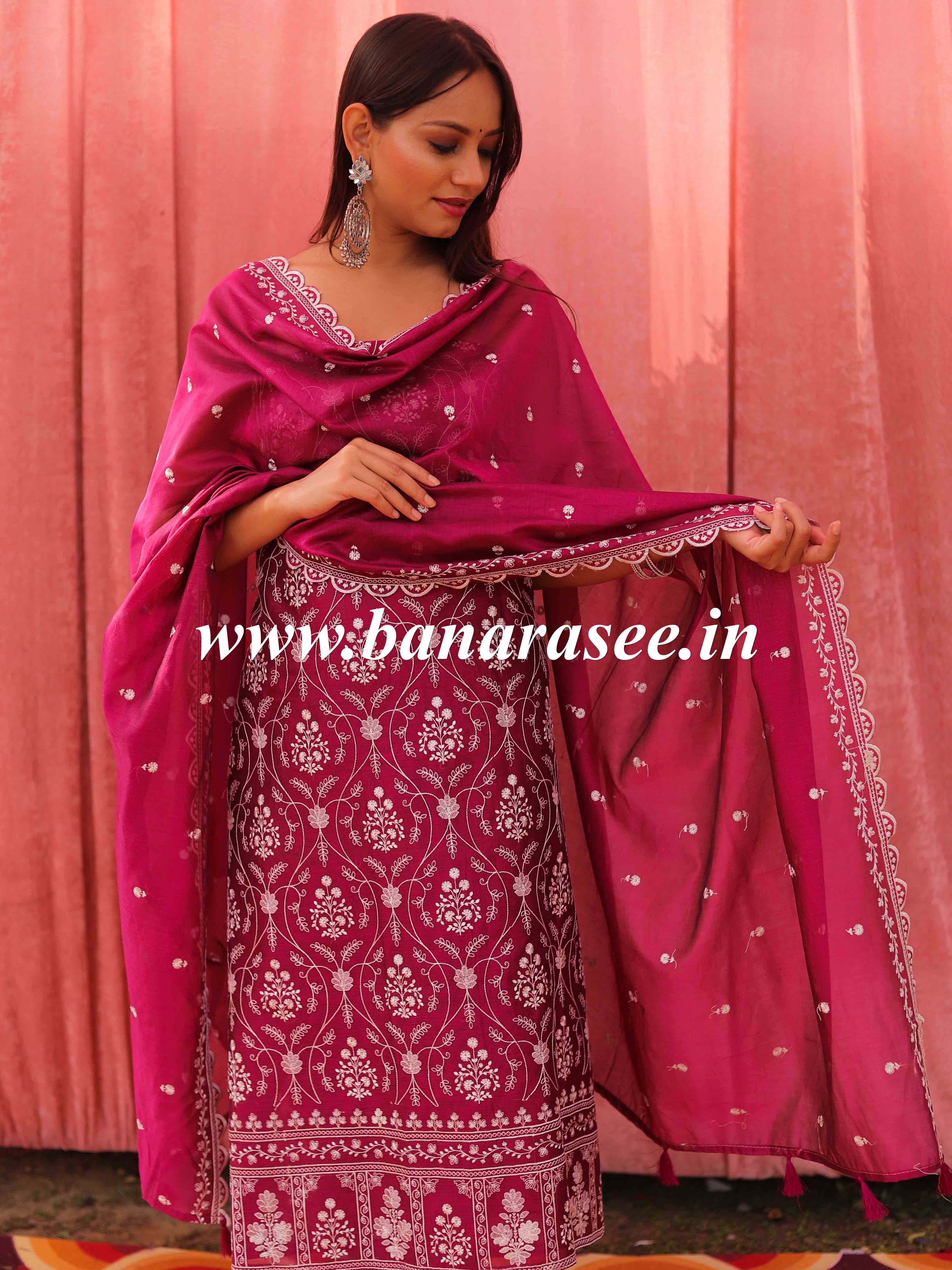 Banarasee Handloom Chanderi Silk Salwar Kameez Fabric With Chikankari Embroidery-Magenta