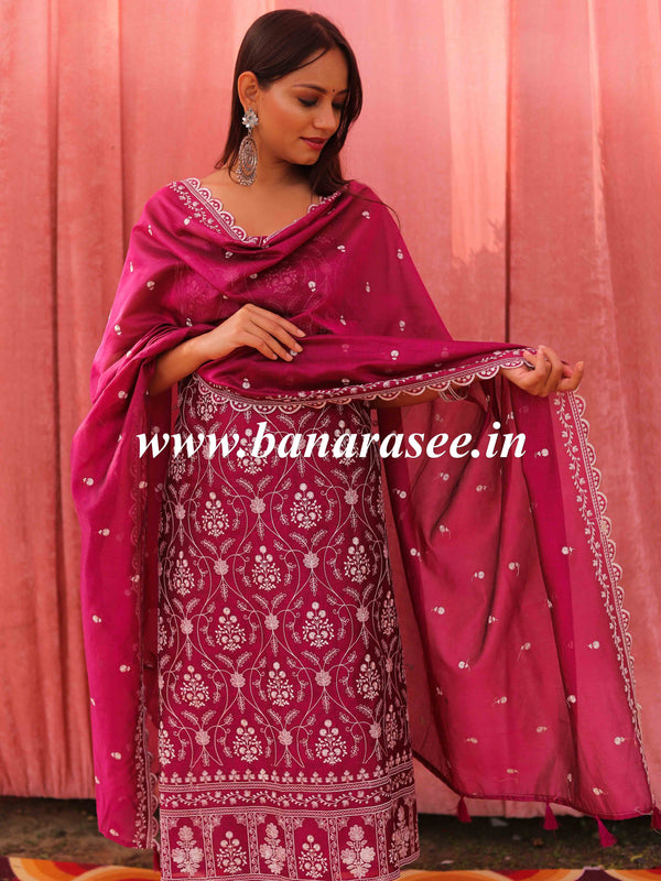 Banarasee Handloom Chanderi Silk Salwar Kameez Fabric With Chikankari Embroidery-Magenta