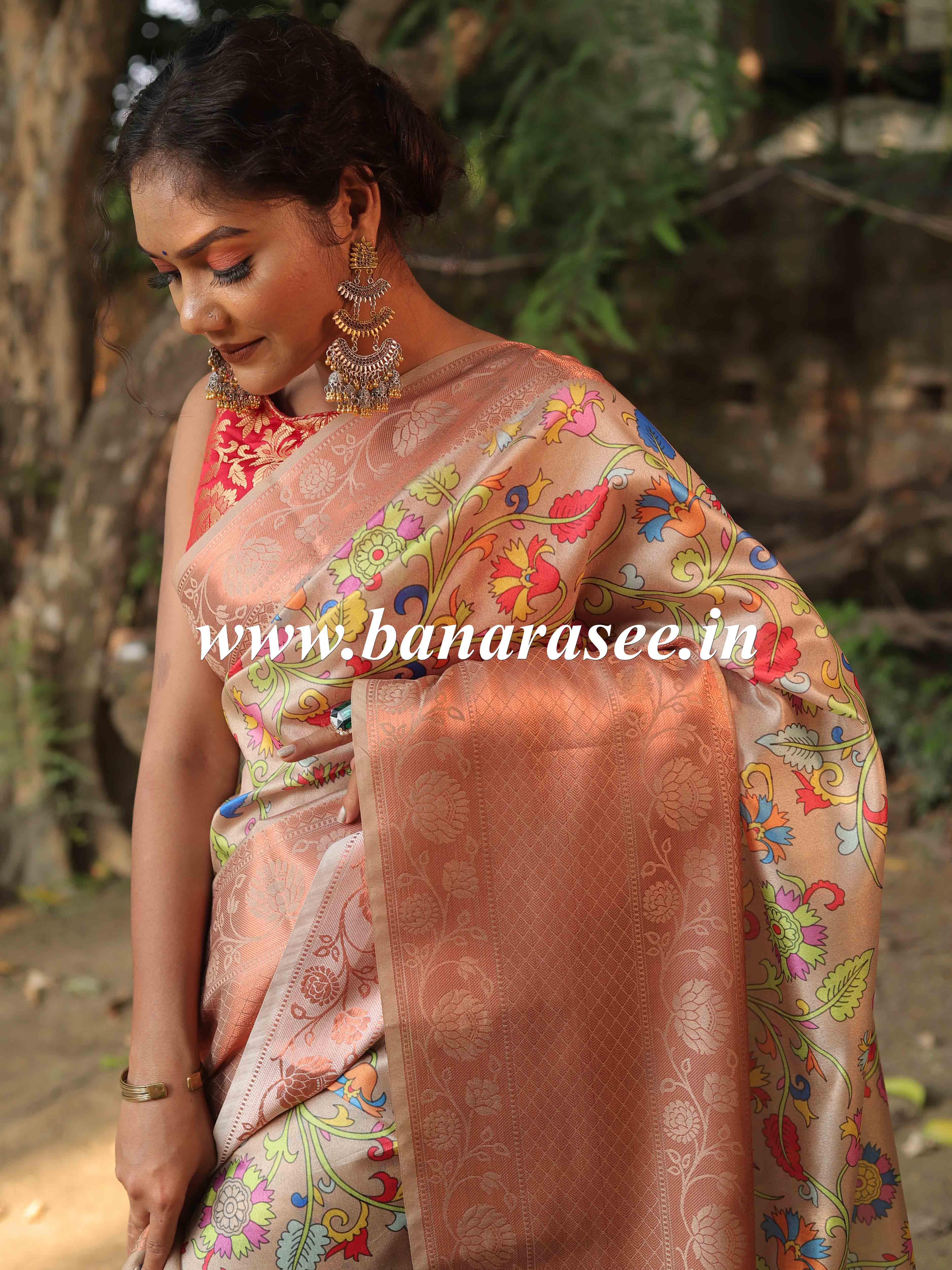 Banarasee Handwoven Semi Silk Saree With Digital Print & Broad Zari Border-Beige