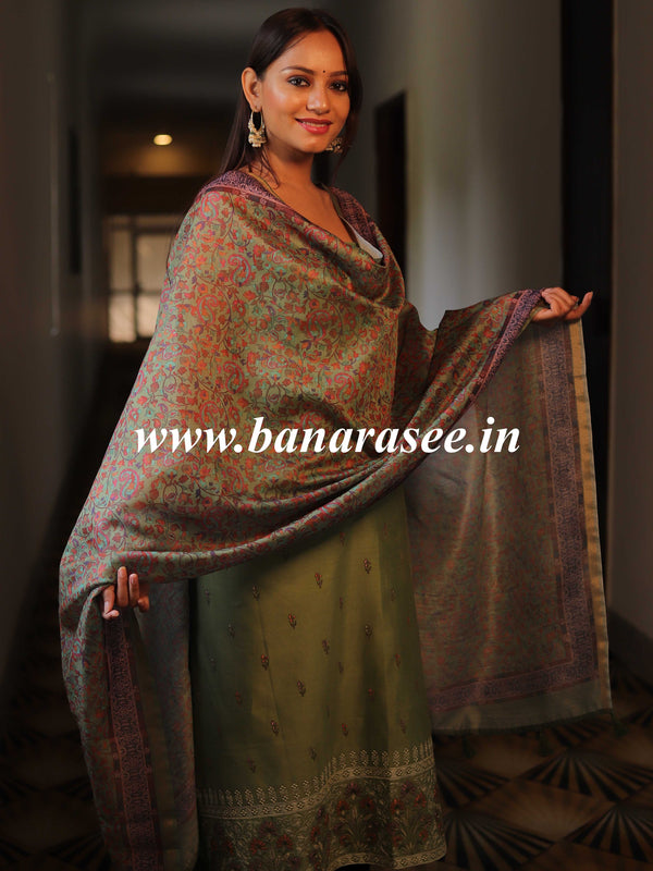 Banarasee Handloom Chanderi Silk Salwar Kameez With Chikankari Embroidery & Digital Print Dupatta-Olive Green