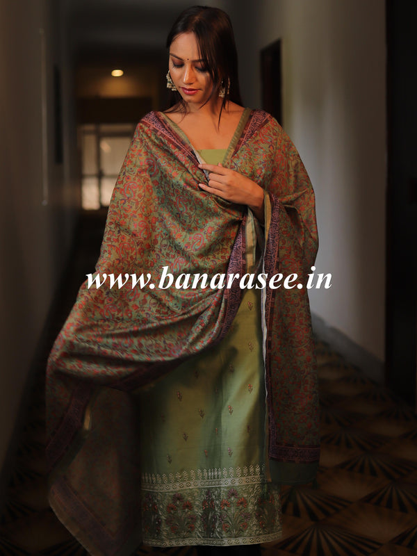 Banarasee Handloom Chanderi Silk Salwar Kameez With Chikankari Embroidery & Digital Print Dupatta-Olive Green