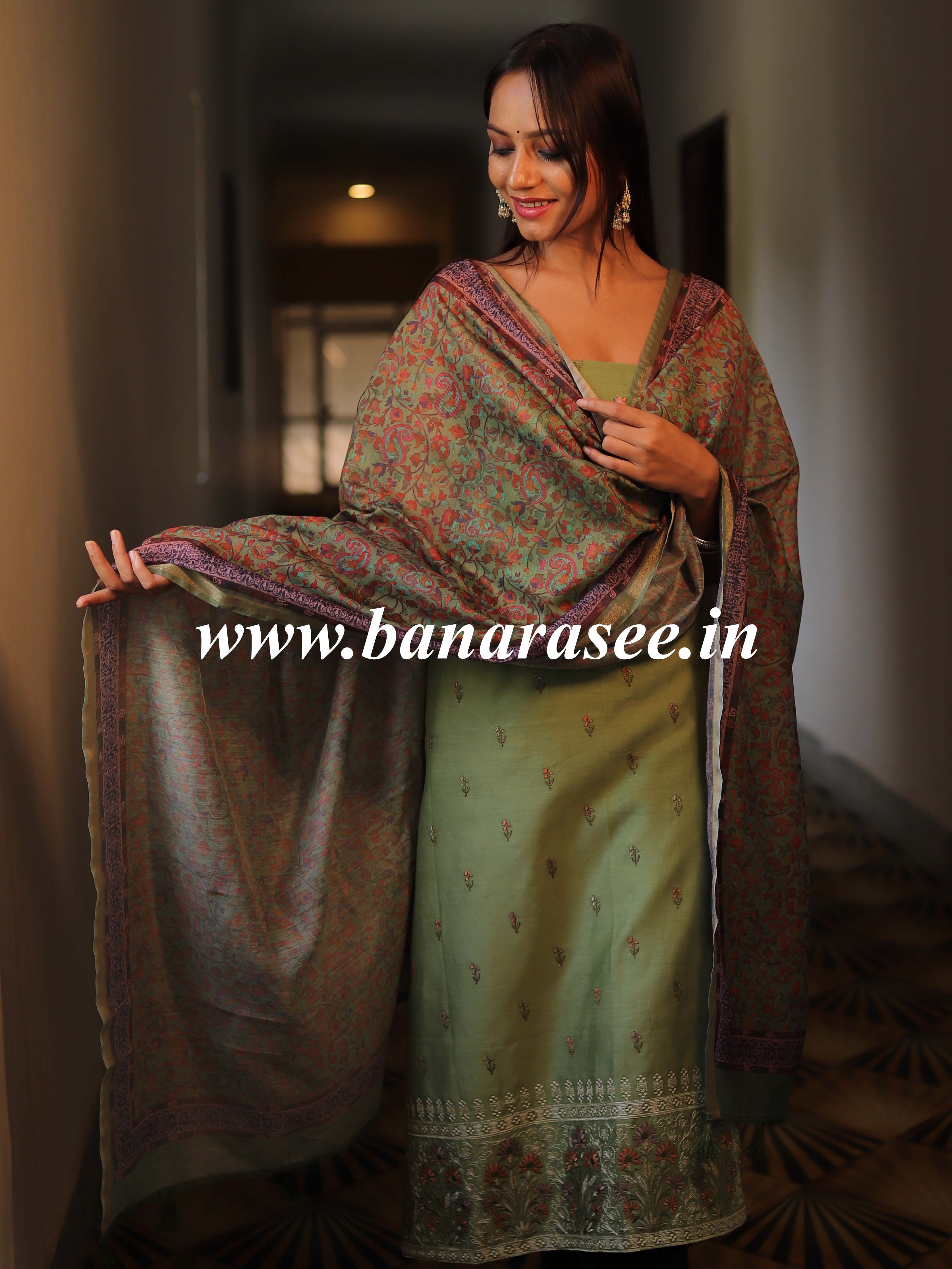 Banarasee Handloom Chanderi Silk Salwar Kameez With Chikankari Embroidery & Digital Print Dupatta-Olive Green