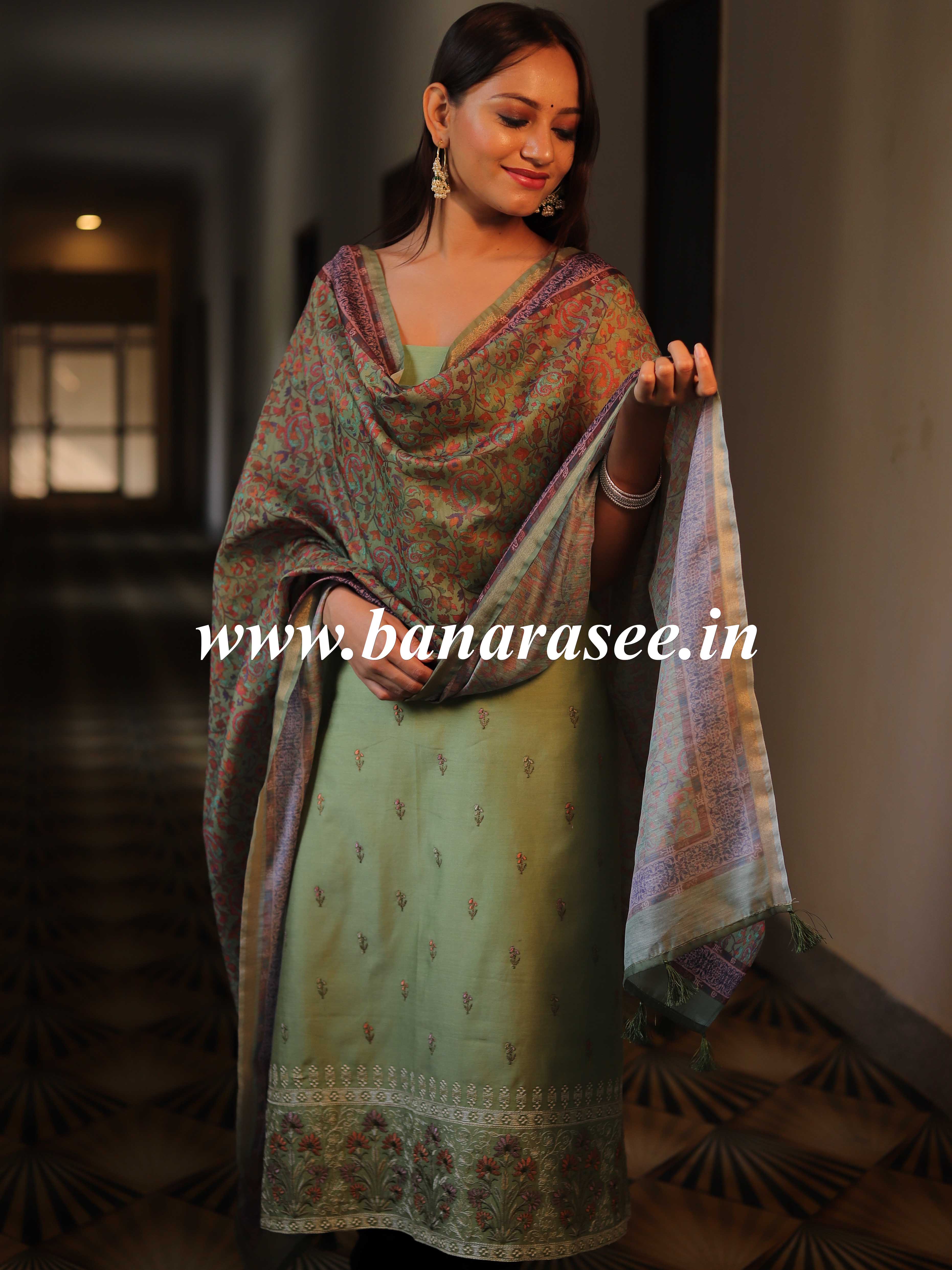 Banarasee Handloom Chanderi Silk Salwar Kameez With Chikankari Embroidery & Digital Print Dupatta-Olive Green