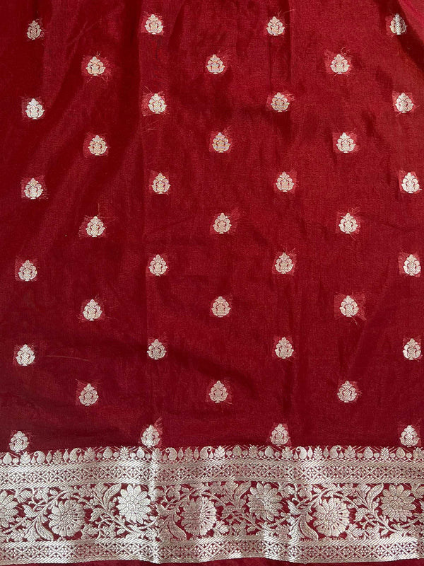 Banarasee Handwoven Semi-Chiffon Saree With Silver Zari Design-Maroon