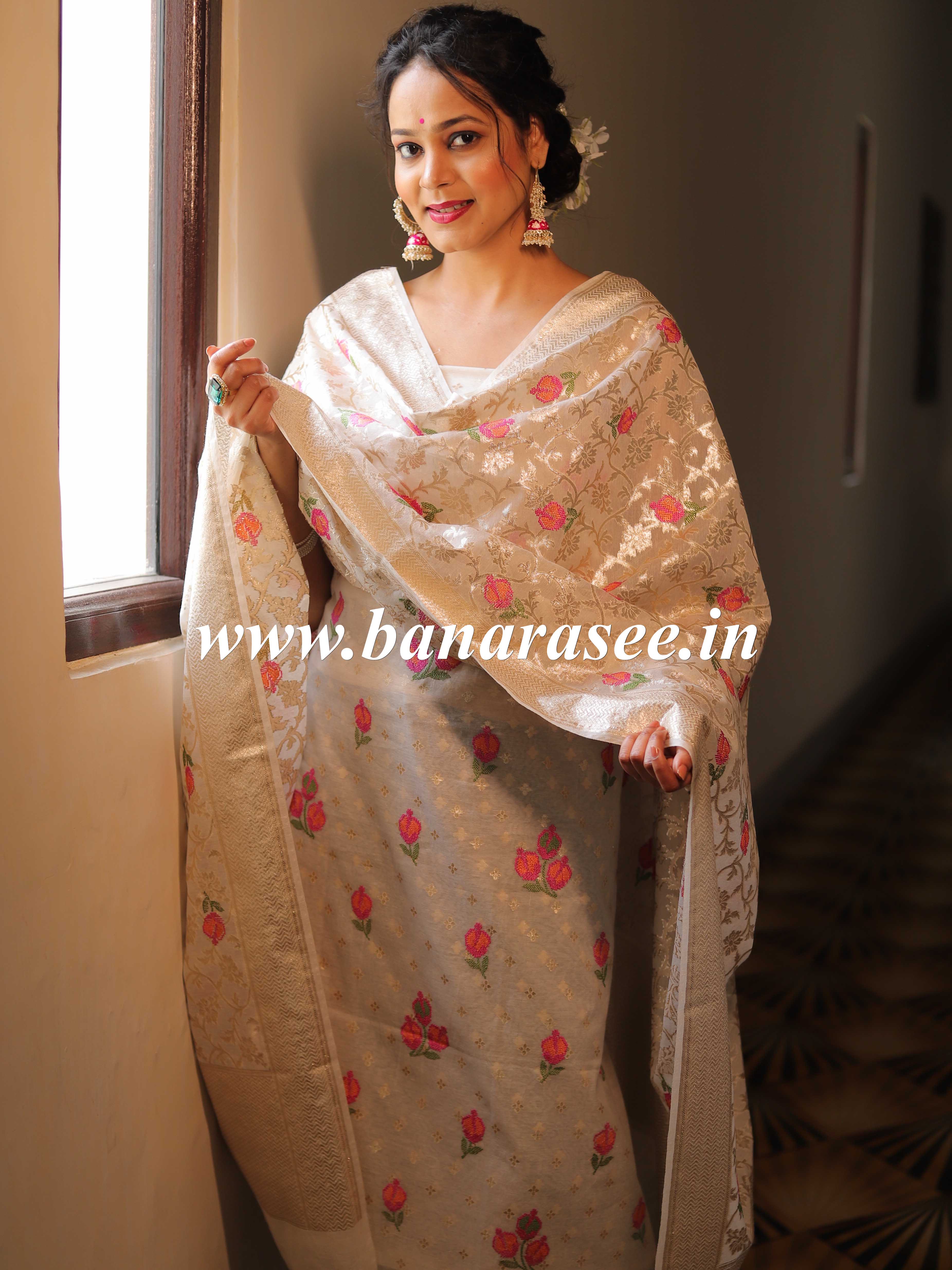 Banarasee Handloom Chanderi Silk Salwar Kameez Fabric With Resham Embroidery-White