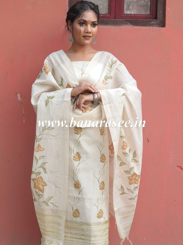 Handloom Hand-Painted Khadi Cotton Salwar Kameez Dupatta Set-Beige