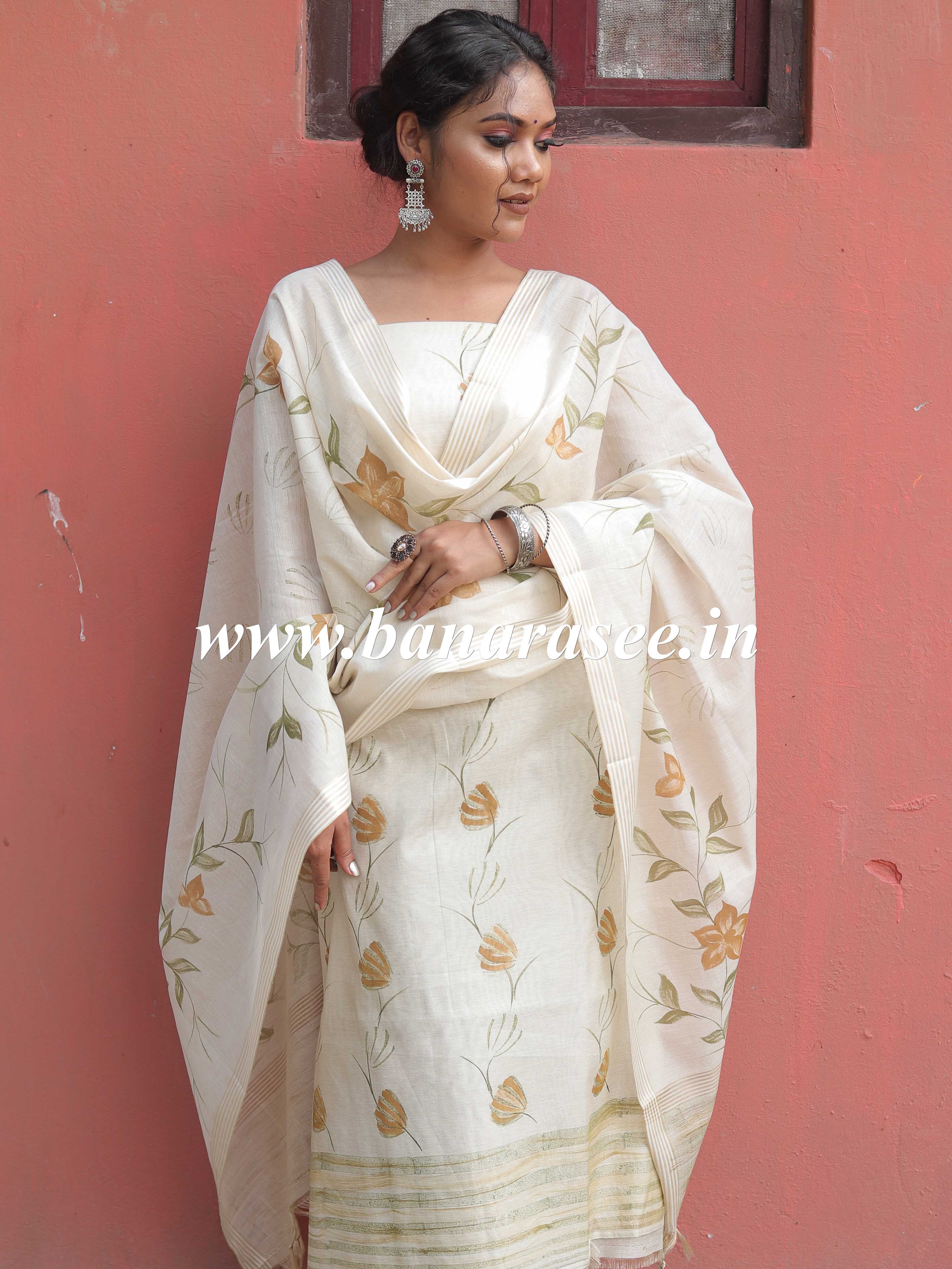 Handloom Hand-Painted Khadi Cotton Salwar Kameez Dupatta Set-Beige
