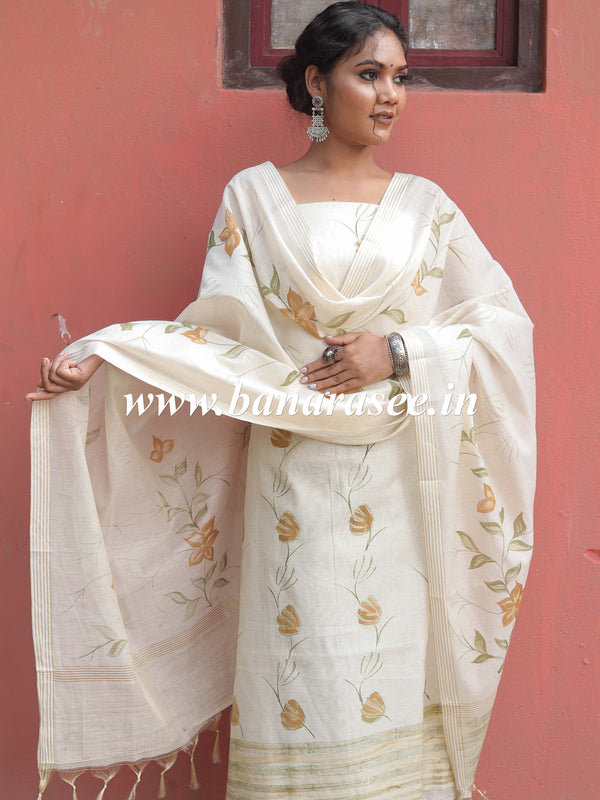 Handloom Hand-Painted Khadi Cotton Salwar Kameez Dupatta Set-Beige