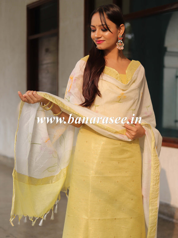 Banarasee Cotton Silk Zari Work Salwar Kameez With Hand-Painted Dupatta-Yellow & White