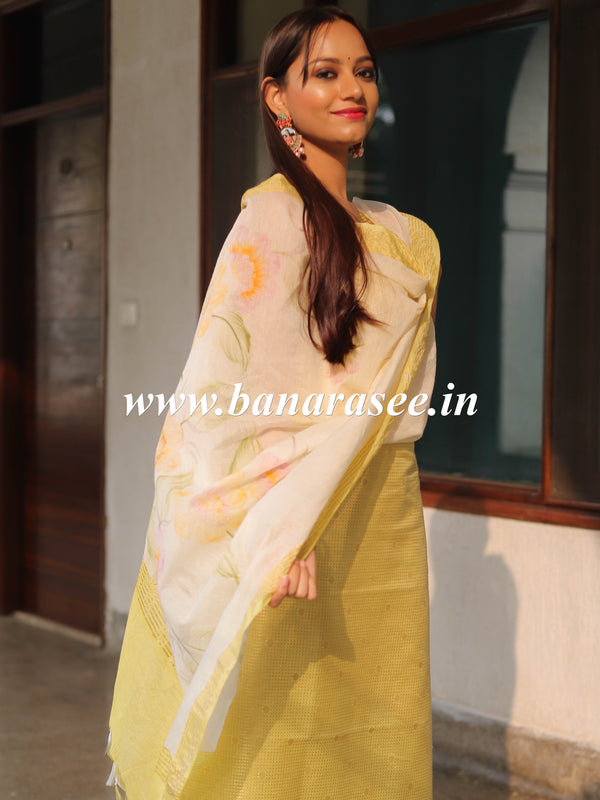 Banarasee Cotton Silk Zari Work Salwar Kameez With Hand-Painted Dupatta-Yellow & White