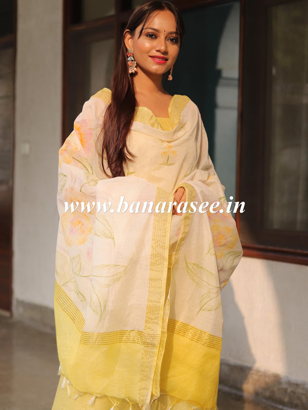 Banarasee Cotton Silk Zari Work Salwar Kameez With Hand-Painted Dupatta-Yellow & White