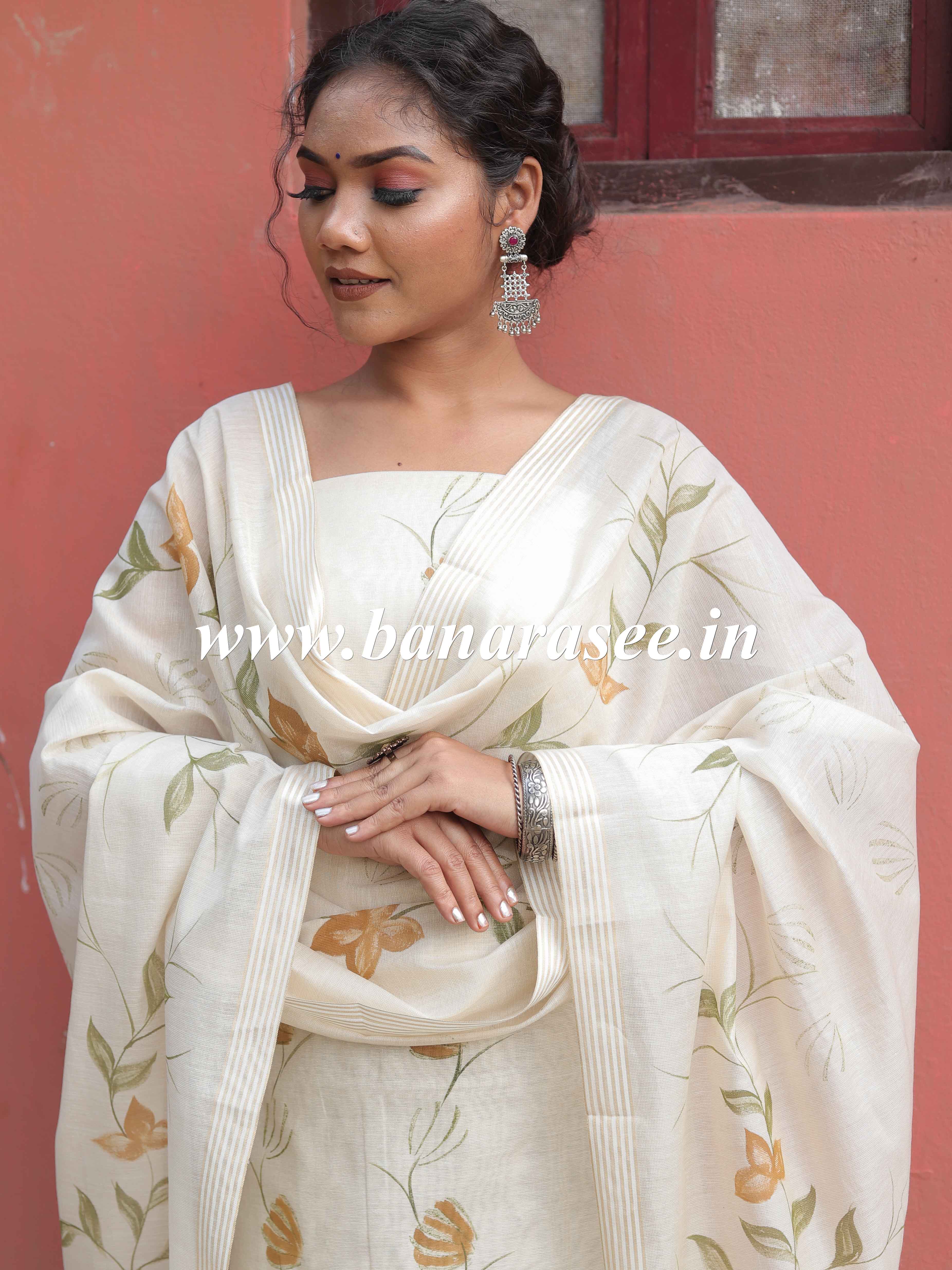 Handloom Hand-Painted Khadi Cotton Salwar Kameez Dupatta Set-Beige