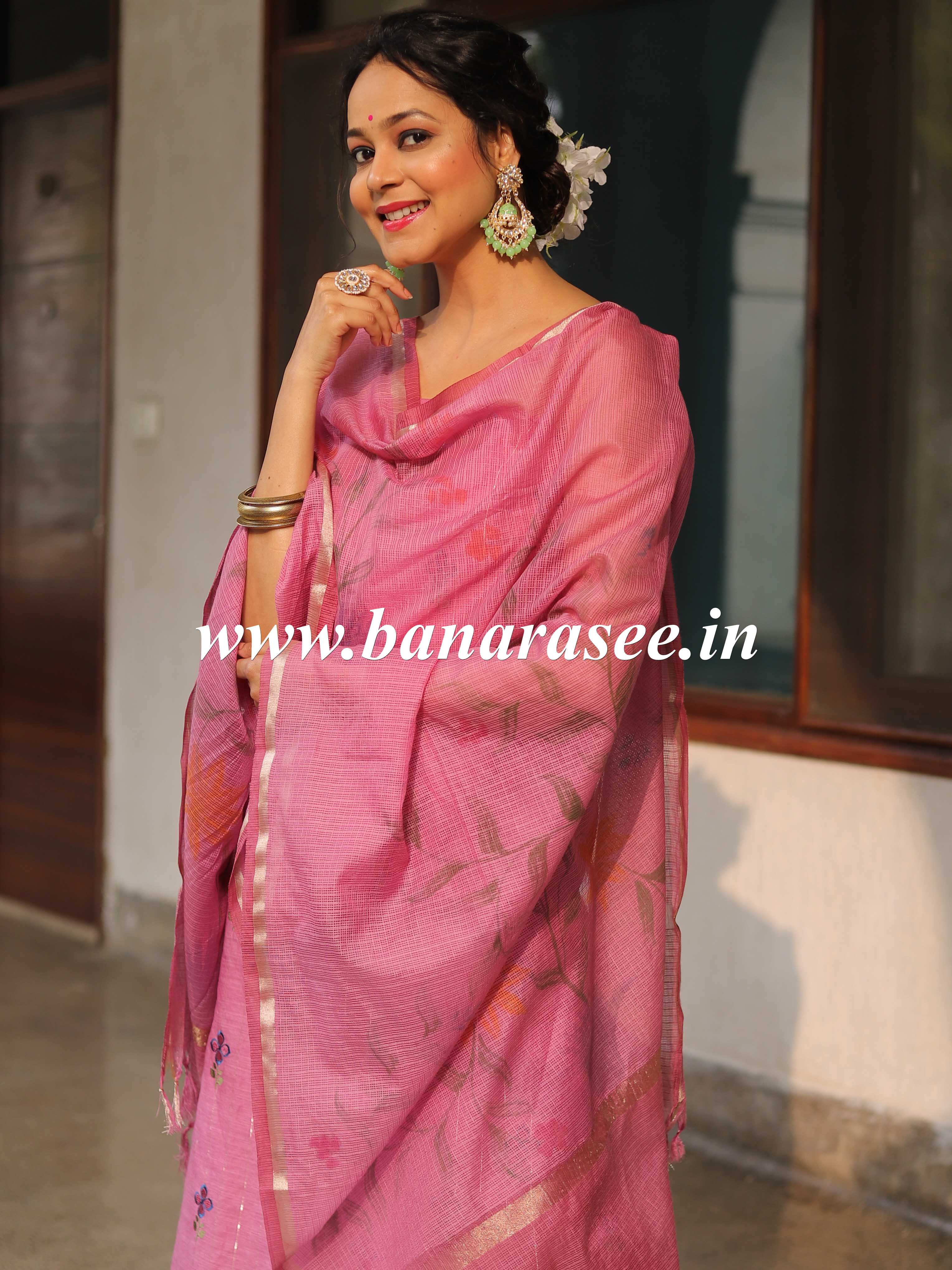Banarasee Cotton Silk Embroidered Salwar Kameez With Hand-Painted Dupatta-Onion Pink
