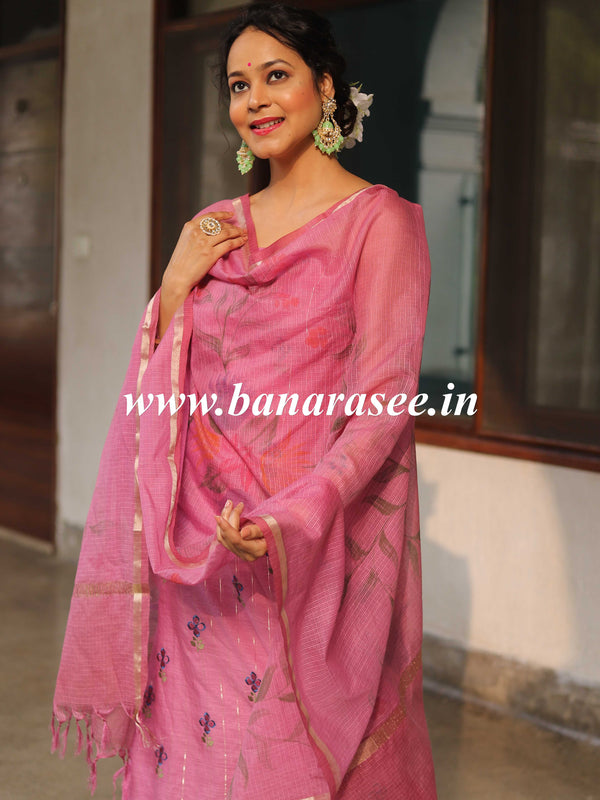 Banarasee Cotton Silk Embroidered Salwar Kameez With Hand-Painted Dupatta-Onion Pink
