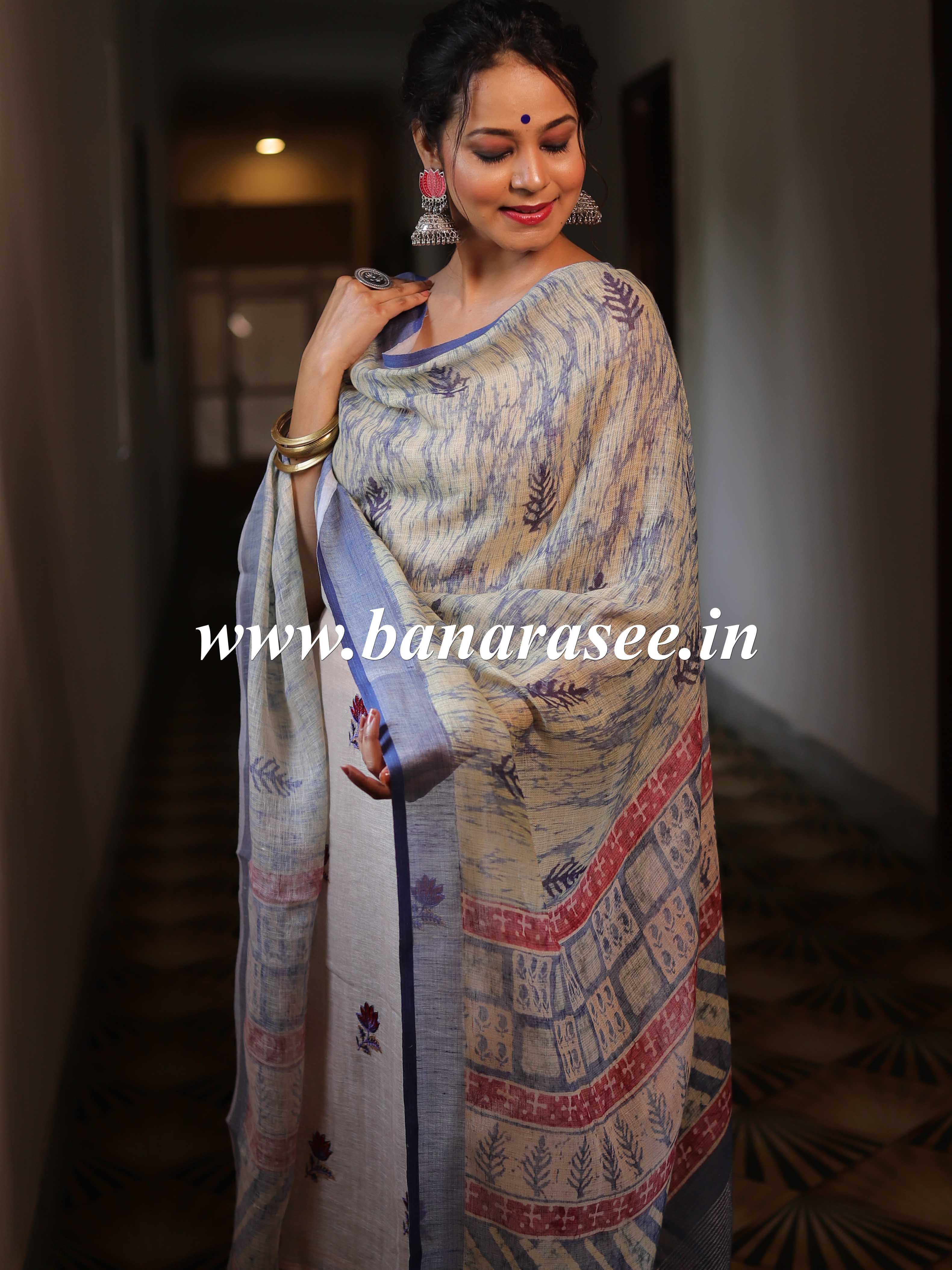 Banarasee Pure Handwoven Linen Salwar Kameez With Embroidered Design-Beige