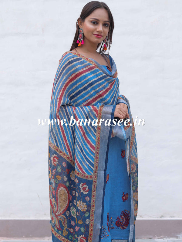 Banarasee Pure Handwoven Linen Salwar Kameez With Embroidered Design-Blue
