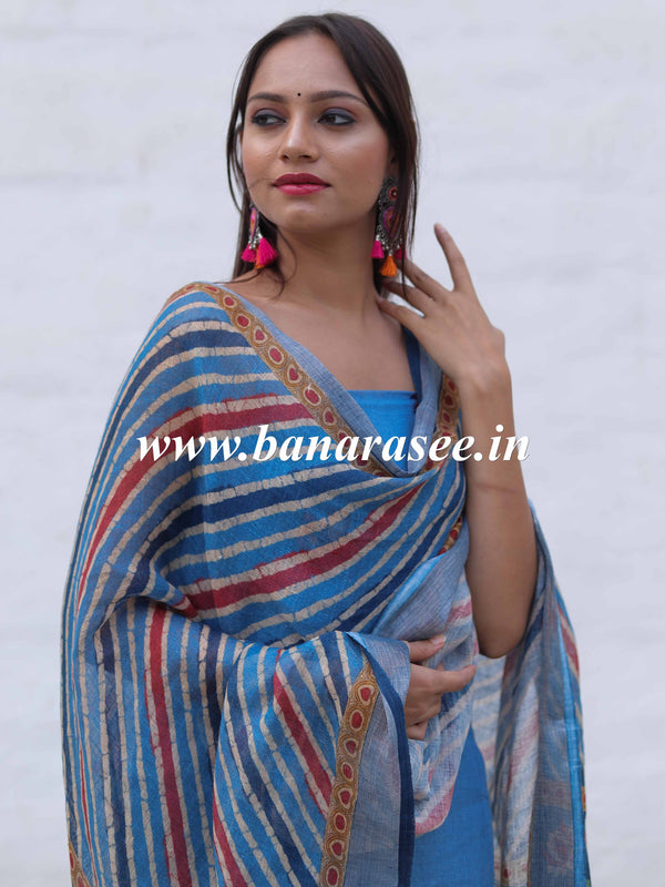 Banarasee Pure Handwoven Linen Salwar Kameez With Embroidered Design-Blue