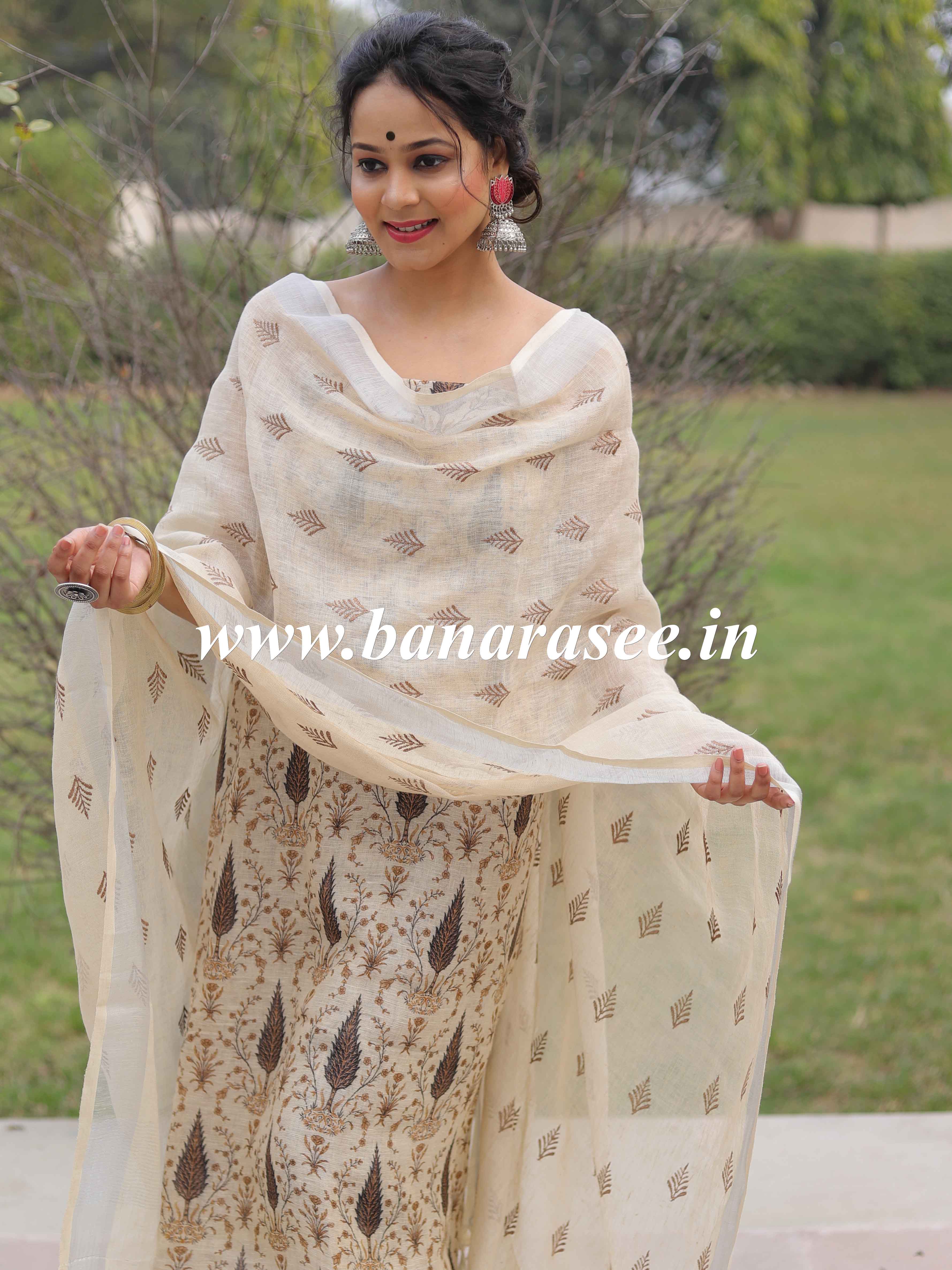 Banarasee Pure Handwoven Linen Salwar Kameez With Block Printed Design-Beige