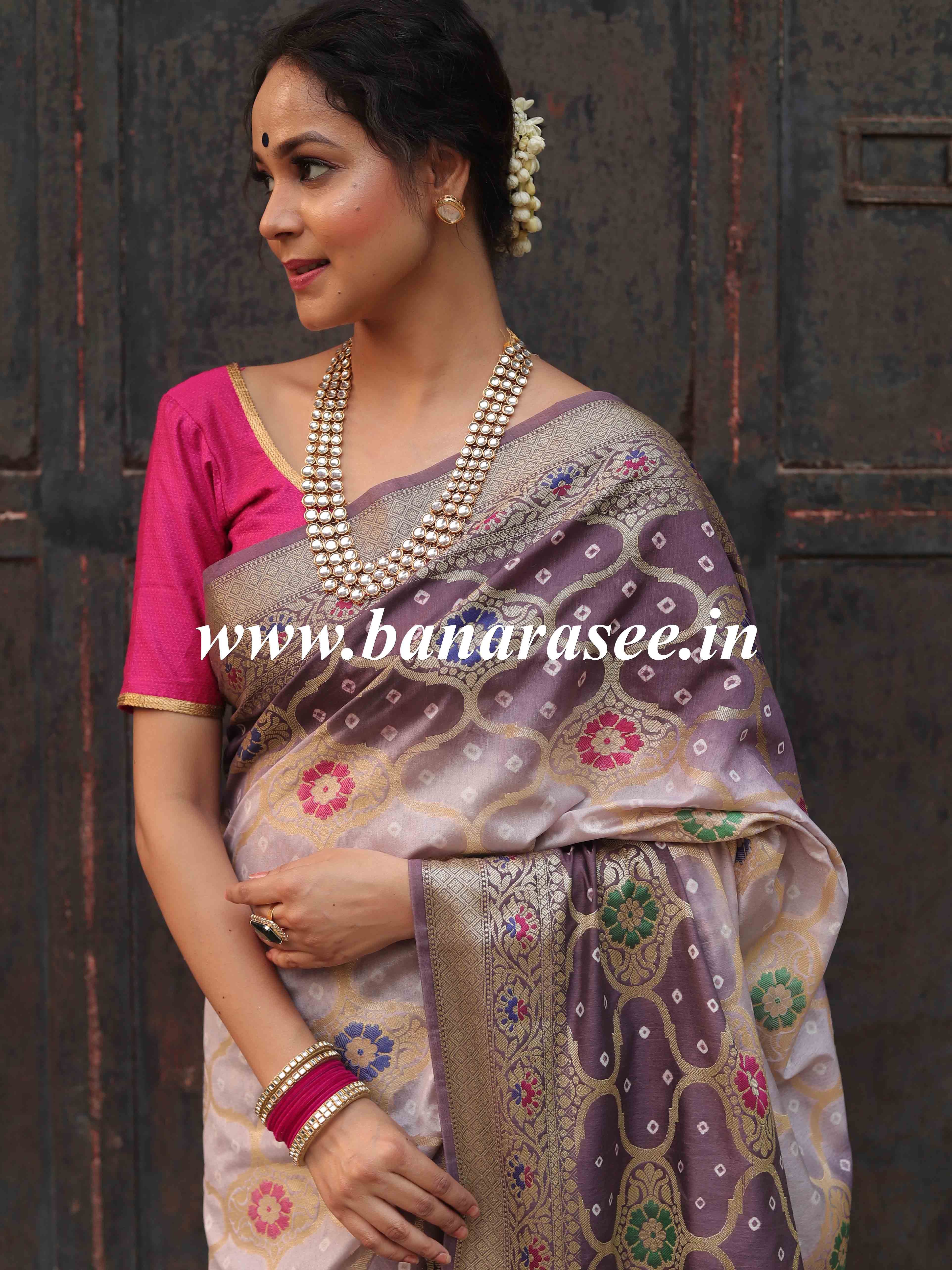 Banarasee Handwoven Semi-Silk Saree With Bandhej & Floral Zari Border-Mauve
