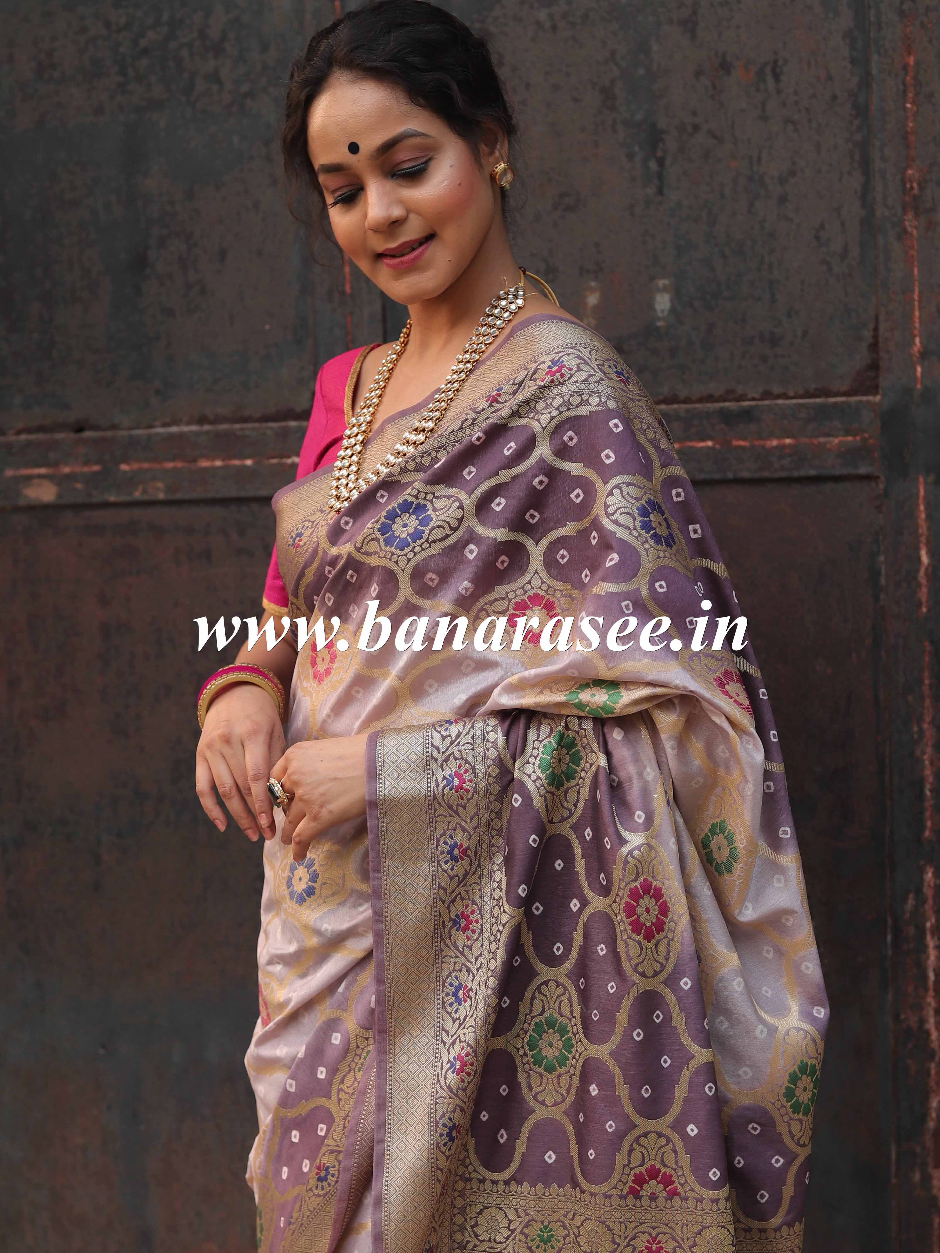 Banarasee Handwoven Semi-Silk Saree With Bandhej & Floral Zari Border-Mauve