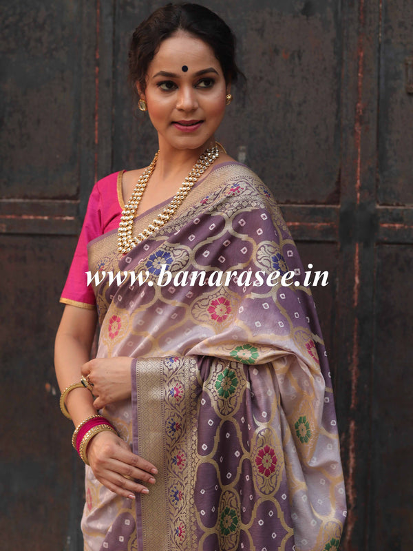 Banarasee Handwoven Semi-Silk Saree With Bandhej & Floral Zari Border-Mauve