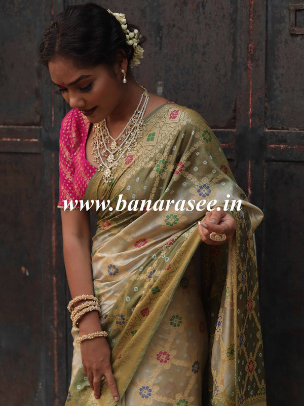 Banarasee Handwoven Semi-Silk Saree With Bandhej & Floral Zari Border-Olive Green