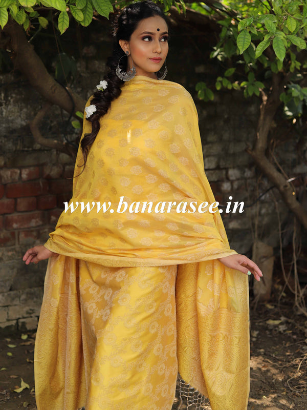 Banarasee Semi-Silk Salwar Kameez Fabric With Resham Design-Yellow