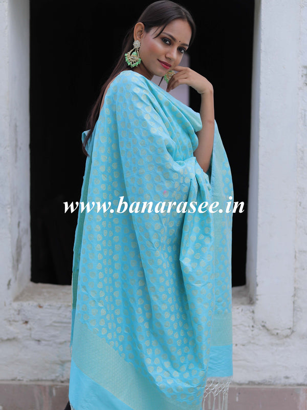 Banarasee Cotton Silk Salwar Kameez Fabric With Zari & Resham Work-Blue