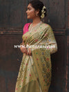 Banarasee Handwoven Semi-Silk Saree With Bandhej & Floral Zari Border-Olive Green