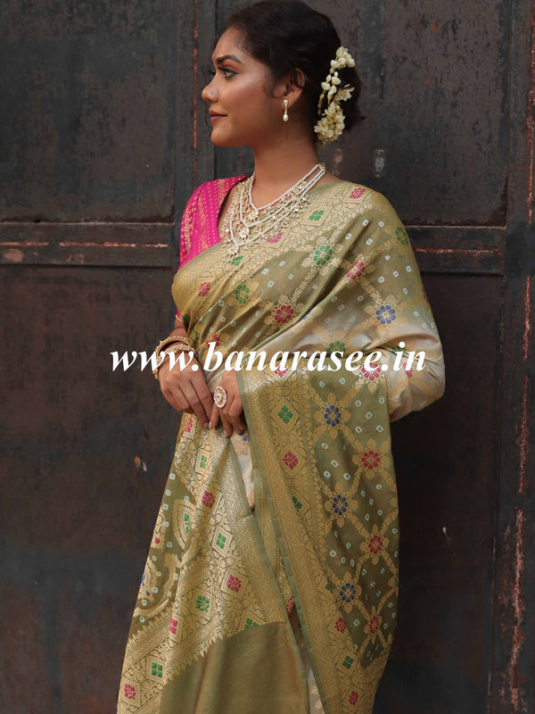 Banarasee Handwoven Semi-Silk Saree With Bandhej & Floral Zari Border-Olive Green