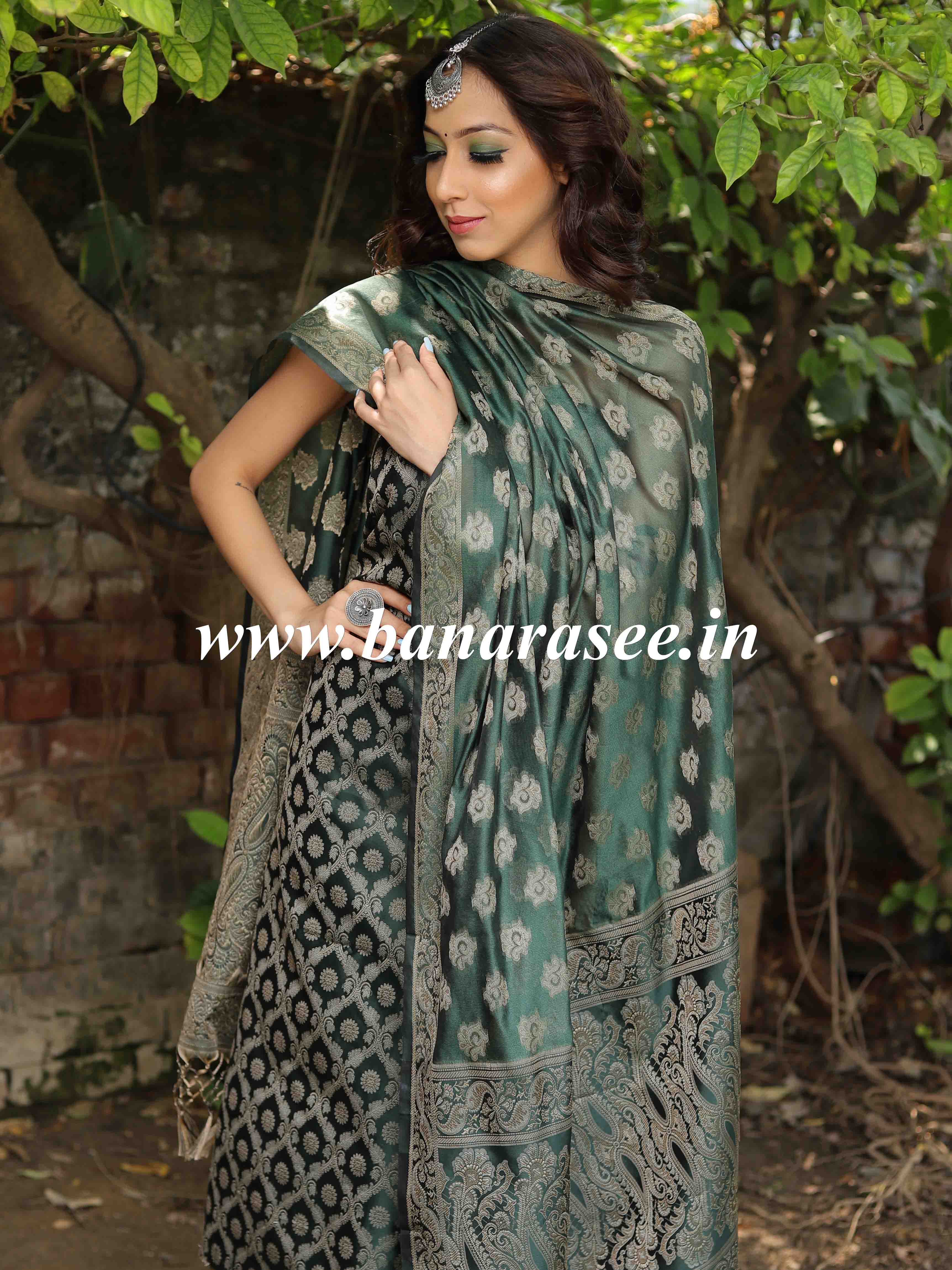 Banarasee Semi-Silk Salwar Kameez Fabric With Resham Design-Green