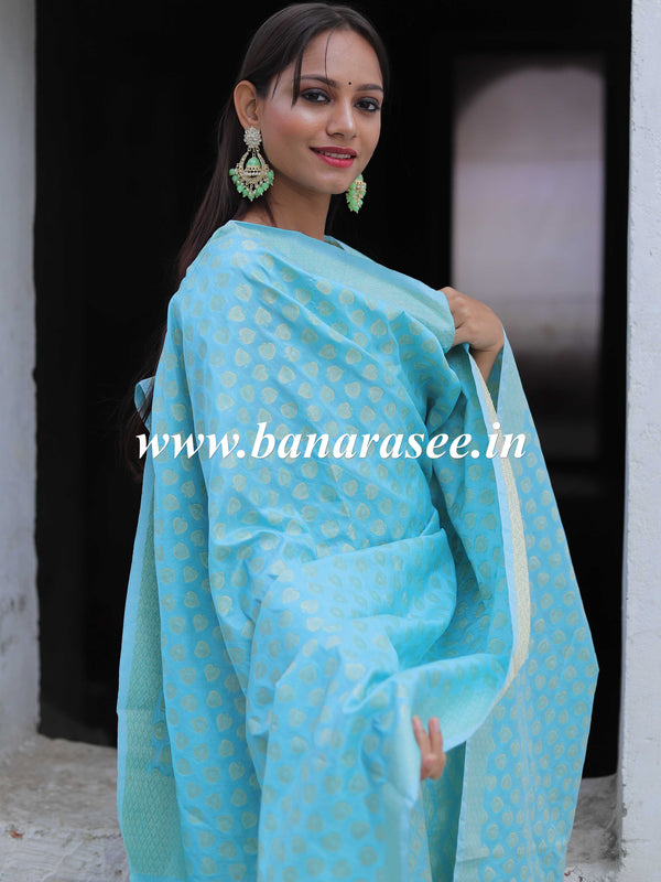 Banarasee Cotton Silk Salwar Kameez Fabric With Zari & Resham Work-Blue