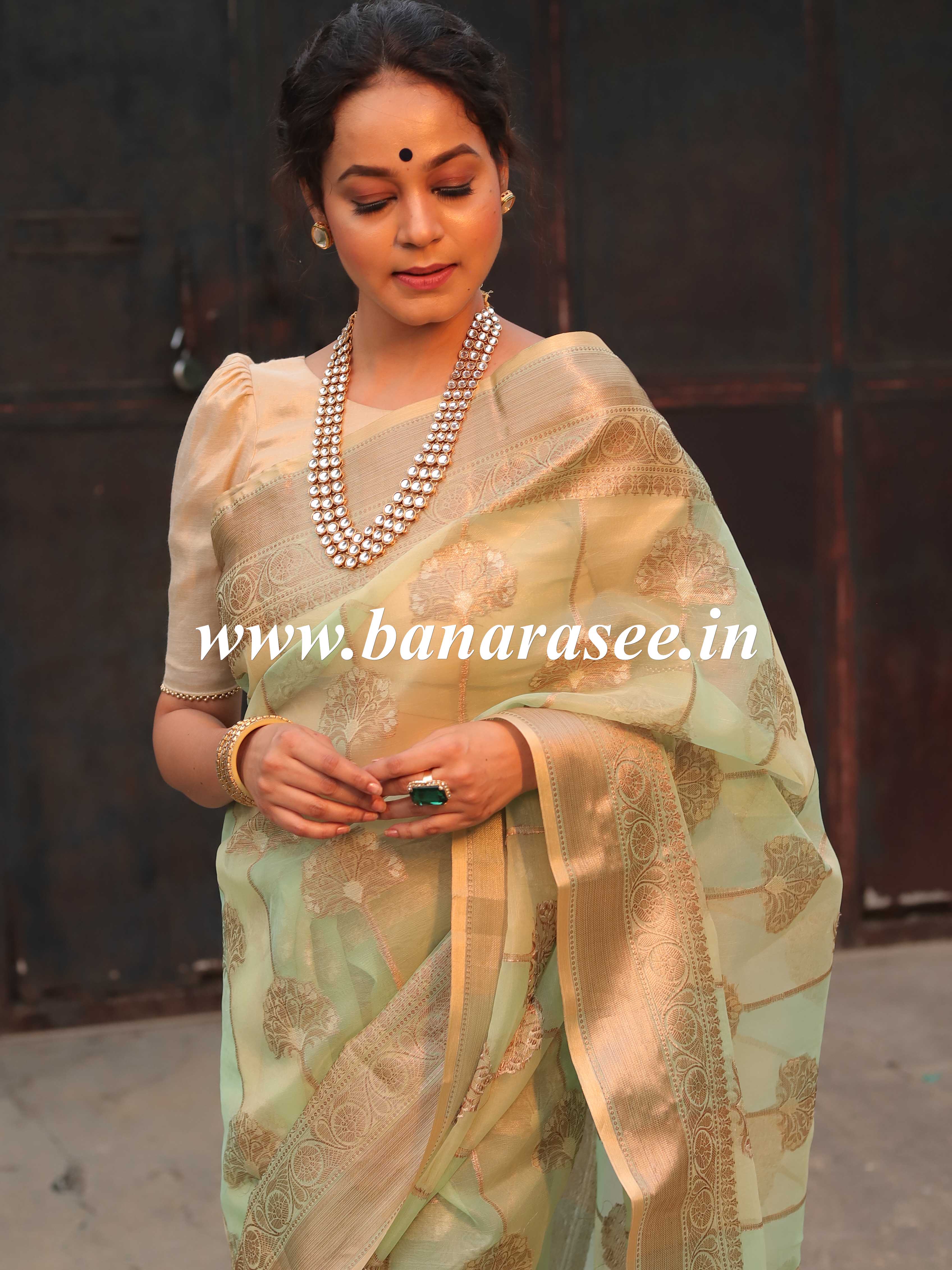 Banarasee Organza Mix Saree With Antique Zari Rangkat Design-Green