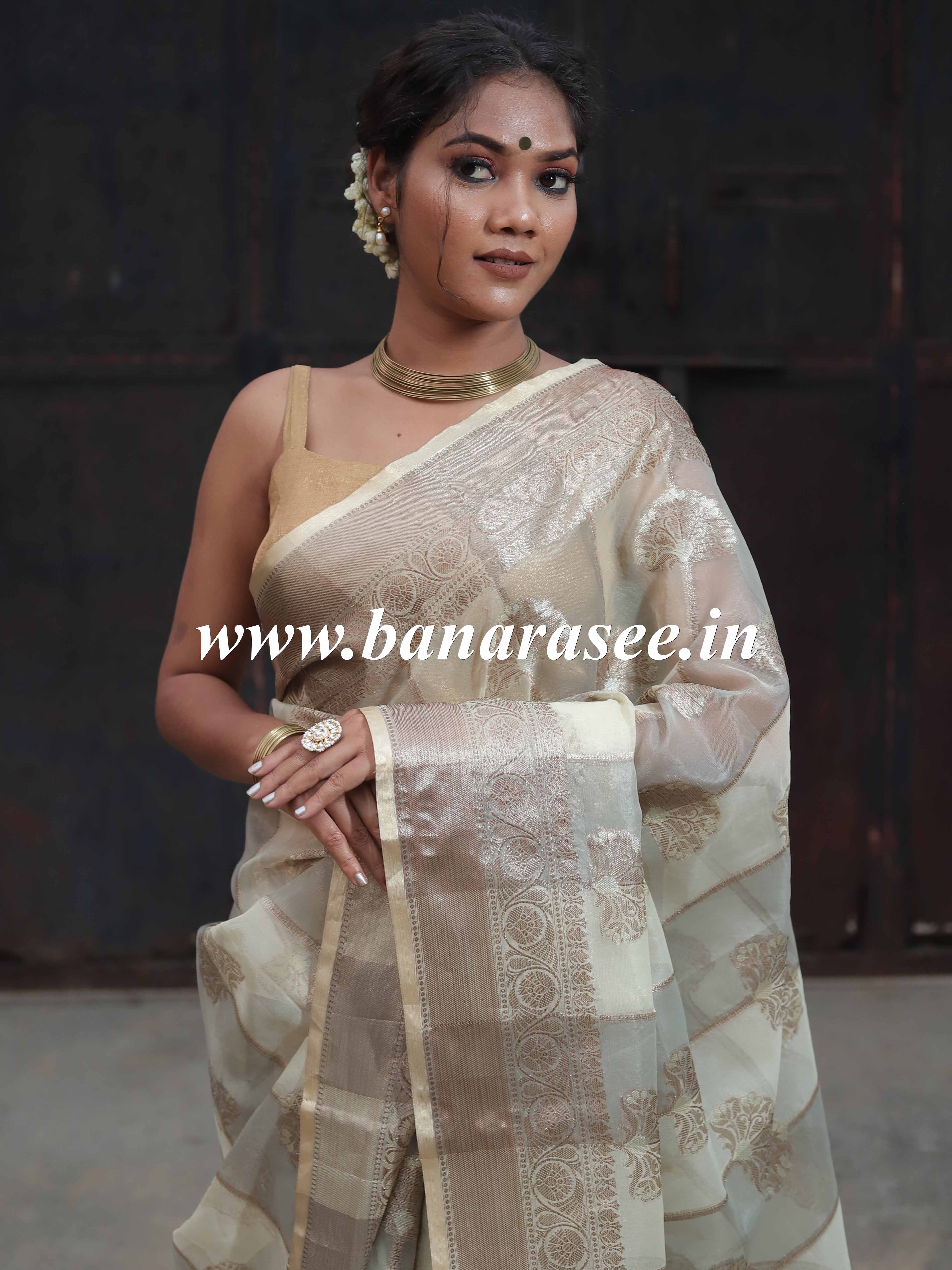 Banarasee Organza Mix Saree With Antique Zari Rangkat Design-Grey