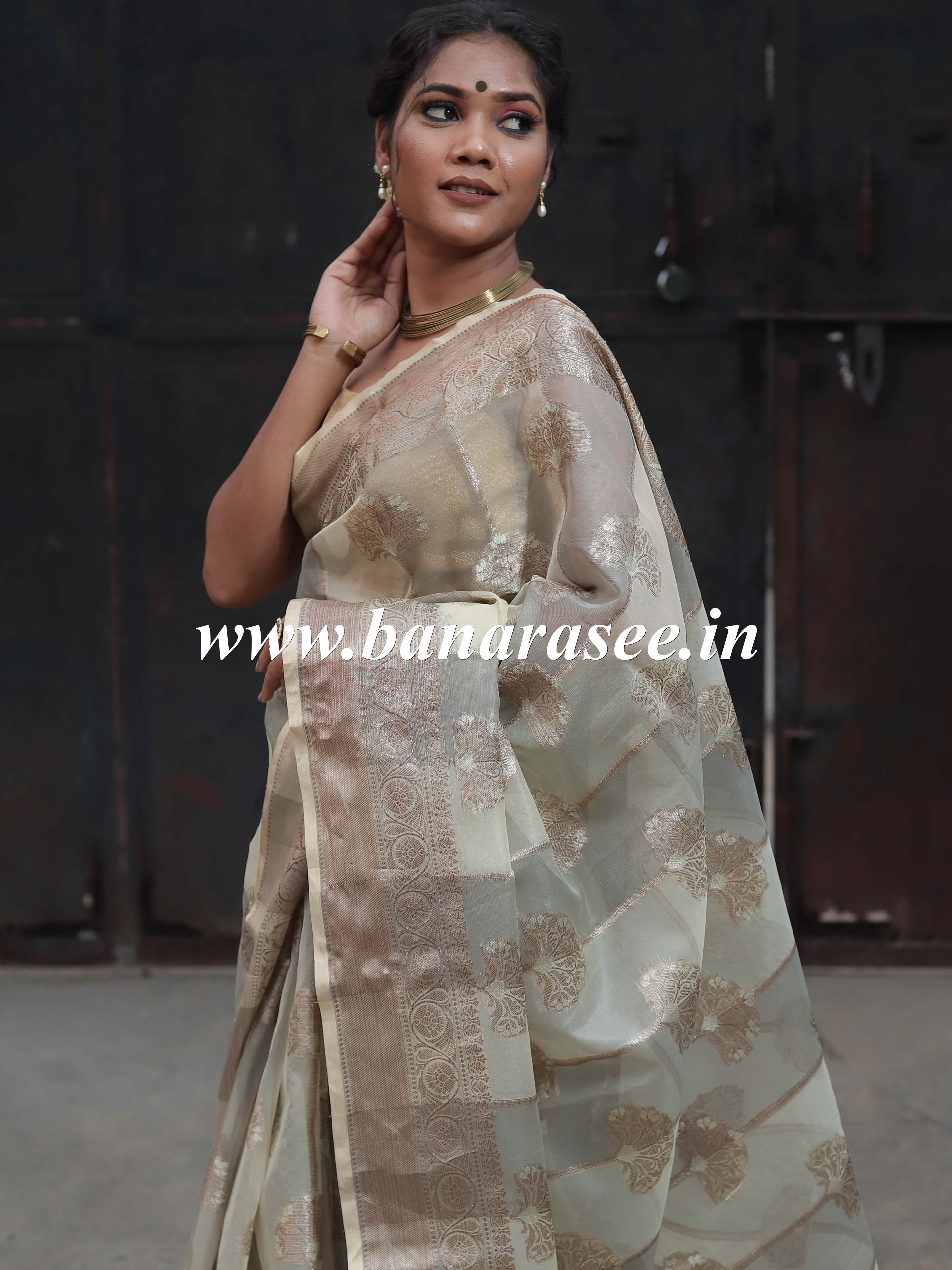 Banarasee Organza Mix Saree With Antique Zari Rangkat Design-Grey