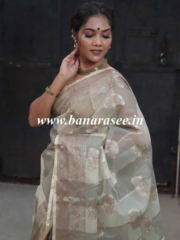 Banarasee Organza Mix Saree With Antique Zari Rangkat Design-Grey