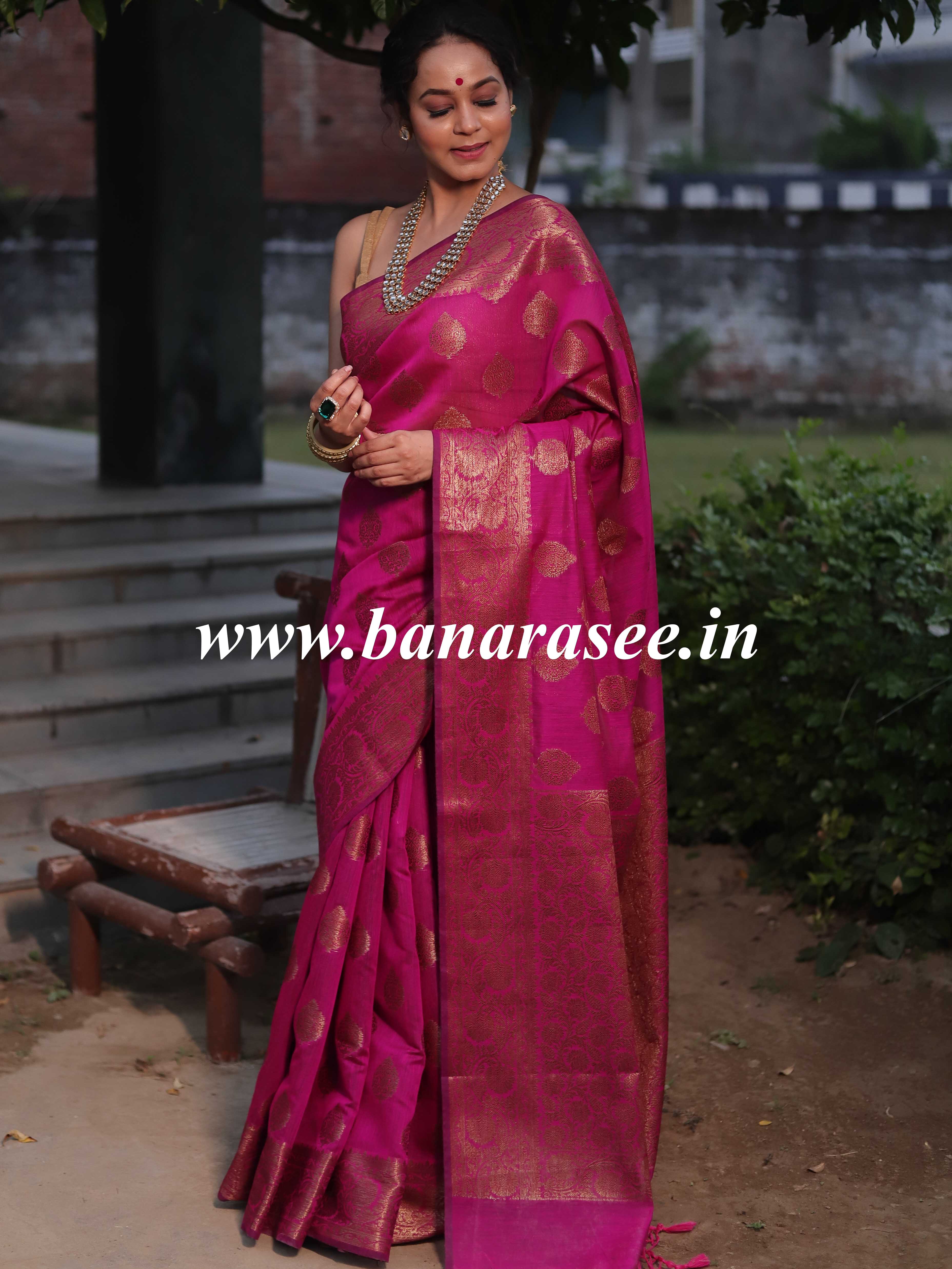 Banarasee Handwoven Pure Silk Cotton Saree With Antique Zari Buti & Border-Magenta