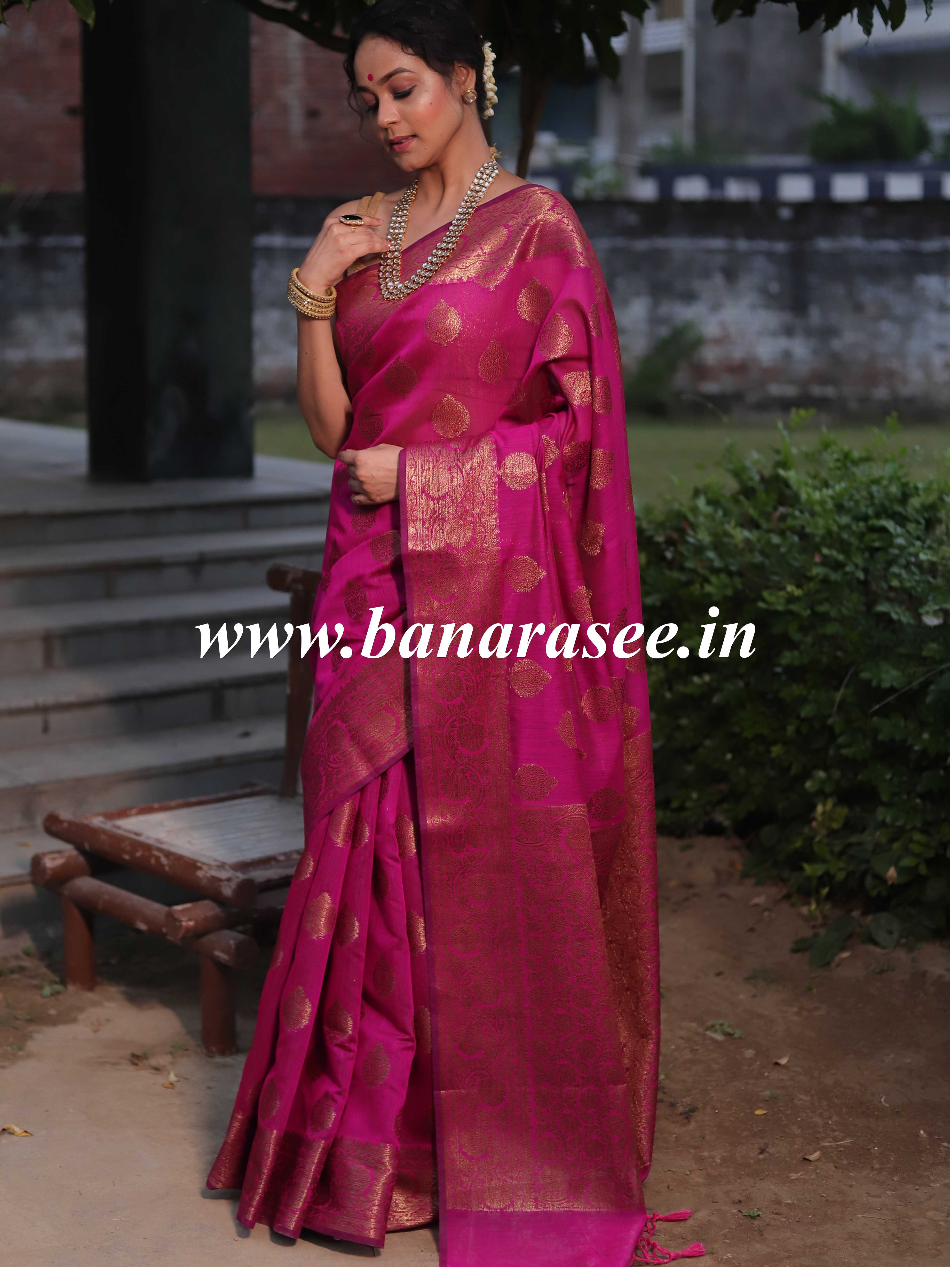 Banarasee Handwoven Pure Silk Cotton Saree With Antique Zari Buti & Border-Magenta