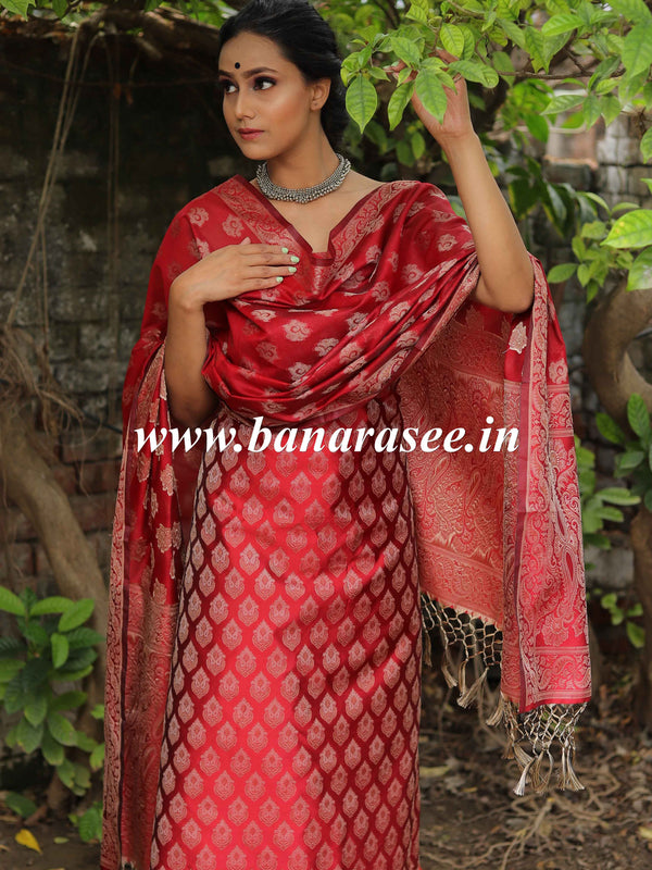 Banarasee Semi-Silk Salwar Kameez Fabric With Resham Design-Red