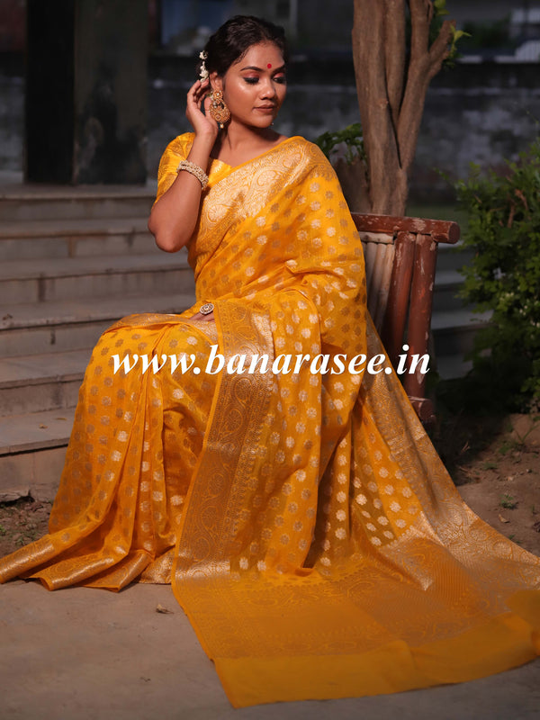 Banarasee Handwoven Semi-Chiffon Saree With Silver Zari Buti & Border-Mustard Yellow