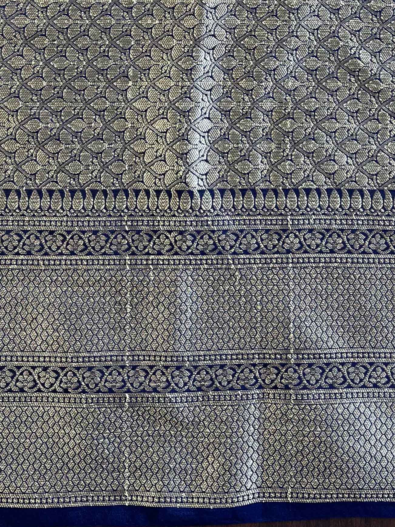 Banarasee Handwoven Semi-Chiffon Saree With Zari Jaal Work-Deep Blue