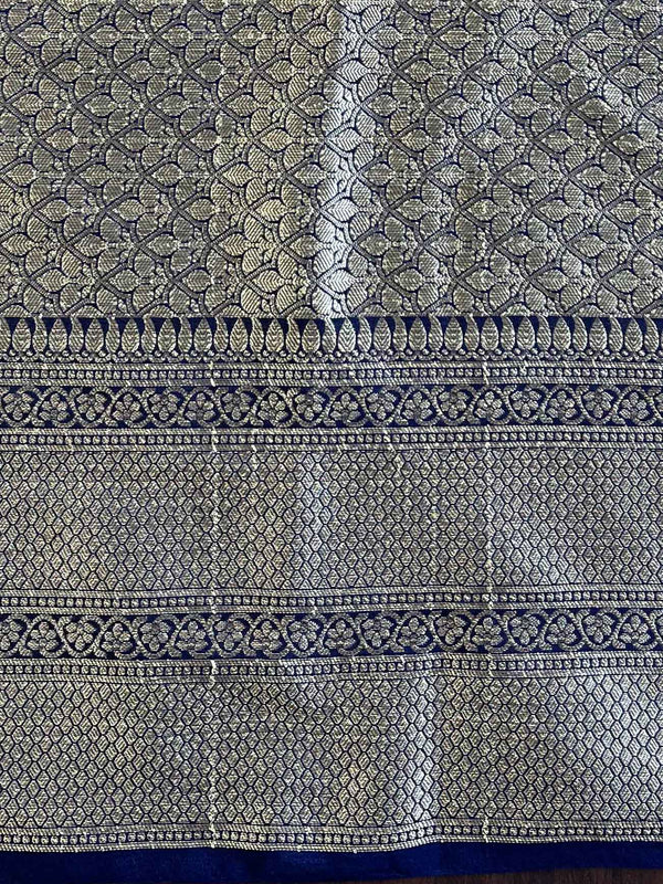 Banarasee Handwoven Semi-Chiffon Saree With Zari Jaal Work-Deep Blue