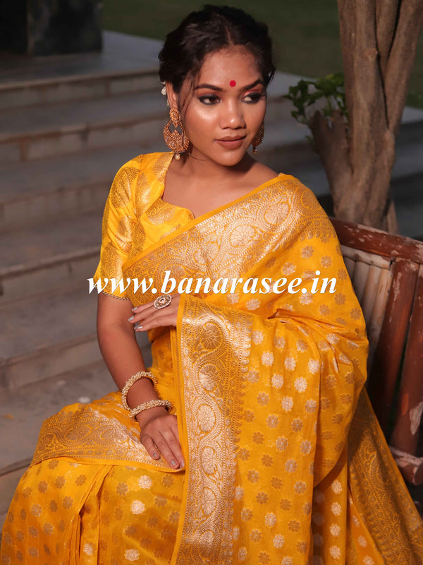 Banarasee Handwoven Semi-Chiffon Saree With Silver Zari Buti & Border-Mustard Yellow