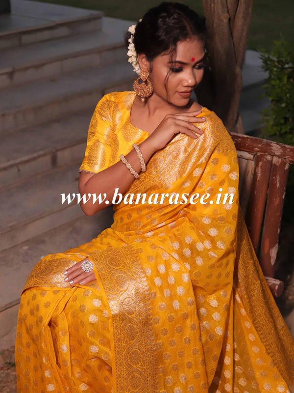 Banarasee Handwoven Semi-Chiffon Saree With Silver Zari Buti & Border-Mustard Yellow